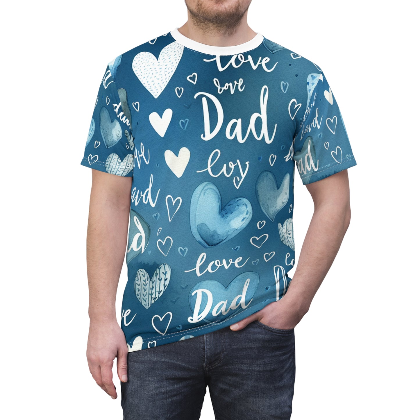 Child-like Love Dad Heart T-Shirt - Watercolor Blue on White, Handwritten Script - Casual Father's Day Tee - Gift for Him