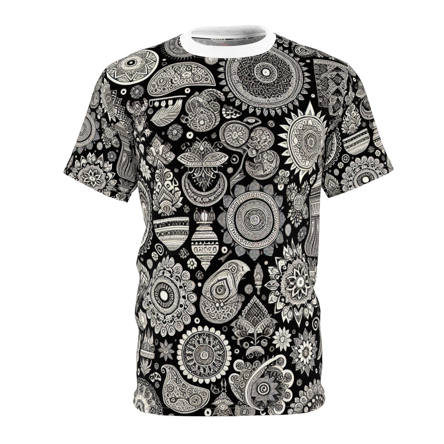 Black & White Indian Heritage Motif T-shirt - Intricate Traditional Designs with Modern Minimalist Aesthetic - Traditional Indian Motifs Tee