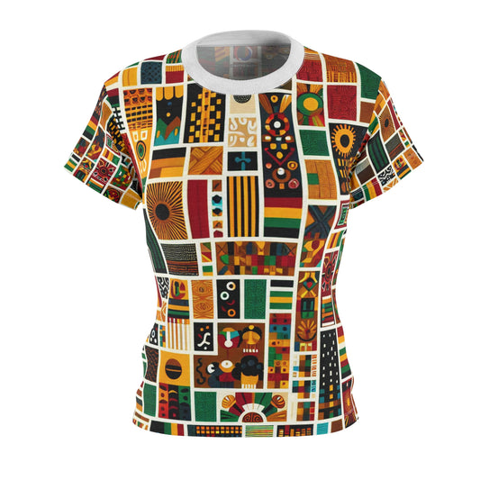 Women's Pan-African Heritage Tee: Bold Geometric, Cultural Symbols in Vibrant Kente Colors - African Tribal Pattern-Inspired