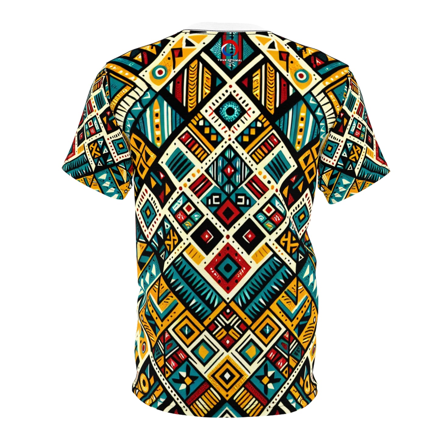 Vibrant African Tribal Diamond Grid T-shirt – Bold Primary Colors Storytelling Artwork - African Tribal Pattern-Inspired Tee