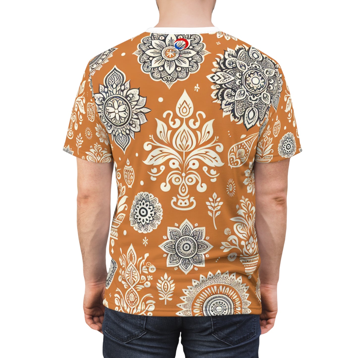 Traditional Indian Motif Print T-Shirt - Luxury Floral & Geometric Seamless Pattern - White on Orange - Modern Ethnic Décor Design Style