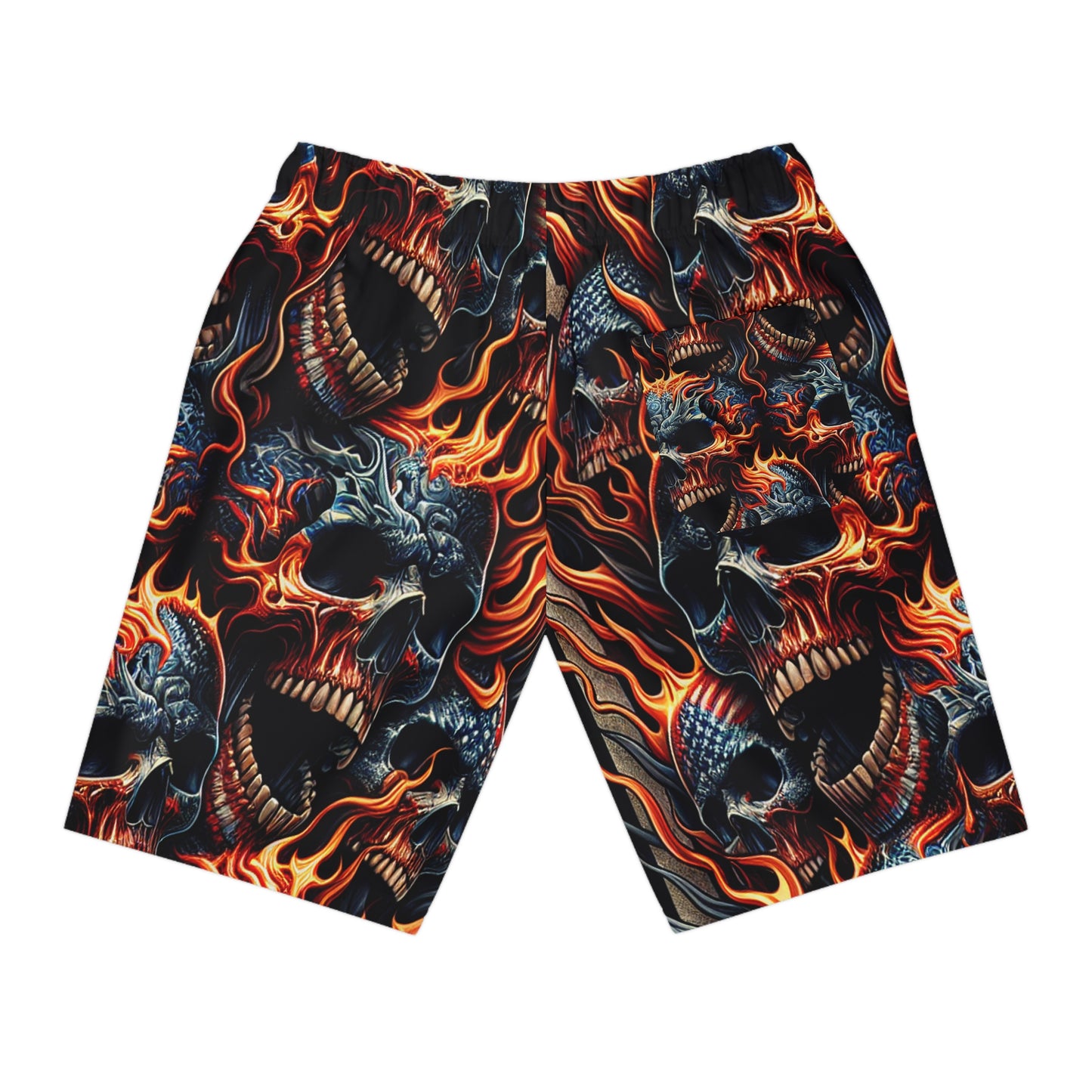 Inferno Patriot: Fiery Skulls & Stars-Stripes Tattoo Shorts - Patriotic Streetwear Shorts