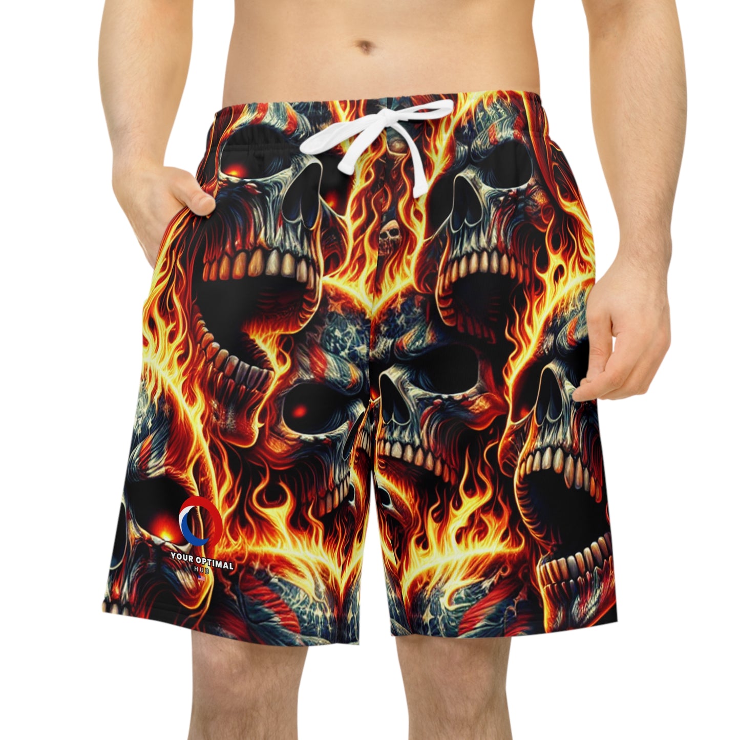 Infernal Patriot: Fiery Skulls & Stars Stripes Tattoo-Style Shorts - Patriotic Streetwear Shorts