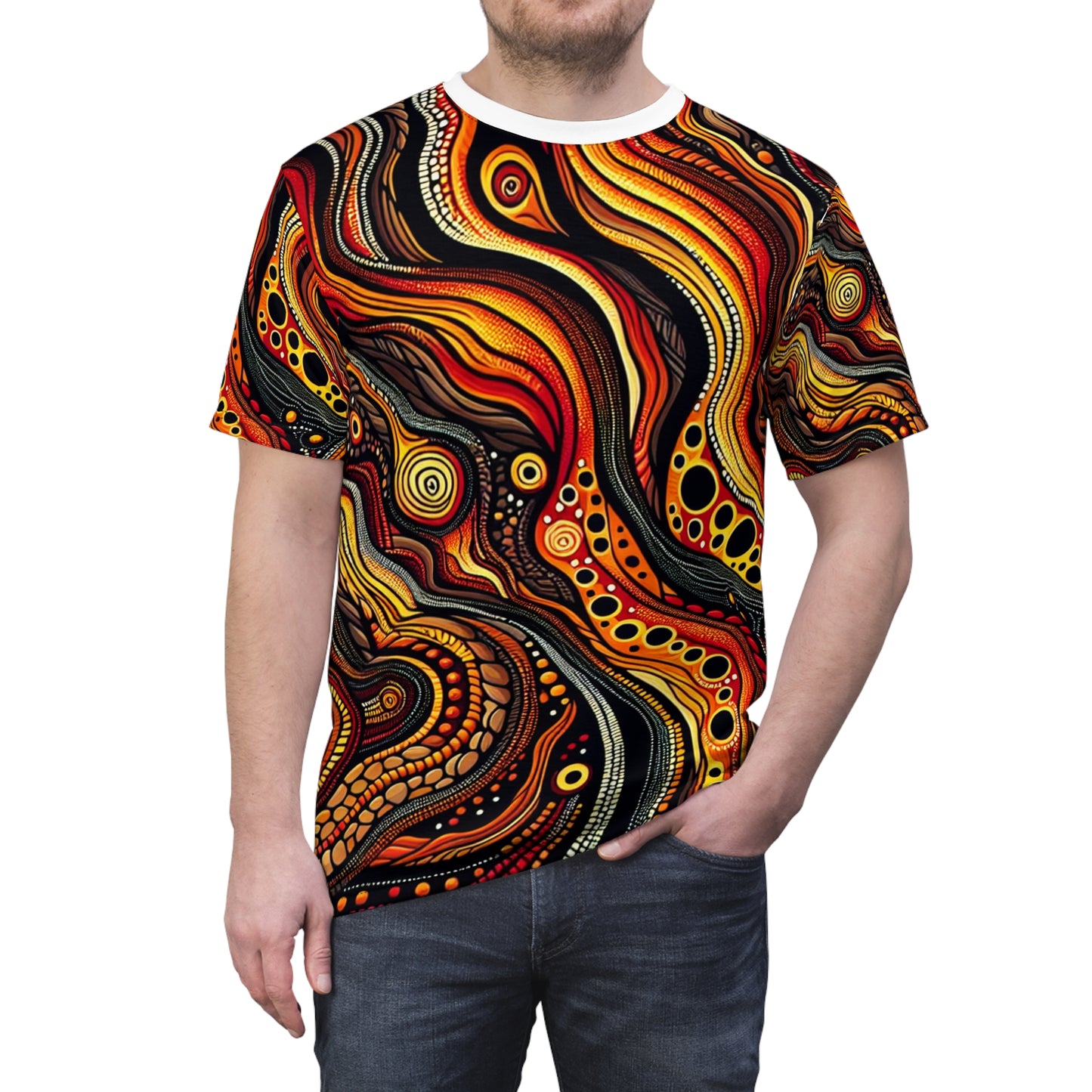 Fiery Aboriginal Landscape T-shirt: Volcano-inspired Art, Lava & Earthy Tones Shirt - African Tribal Pattern-Inspired Tee