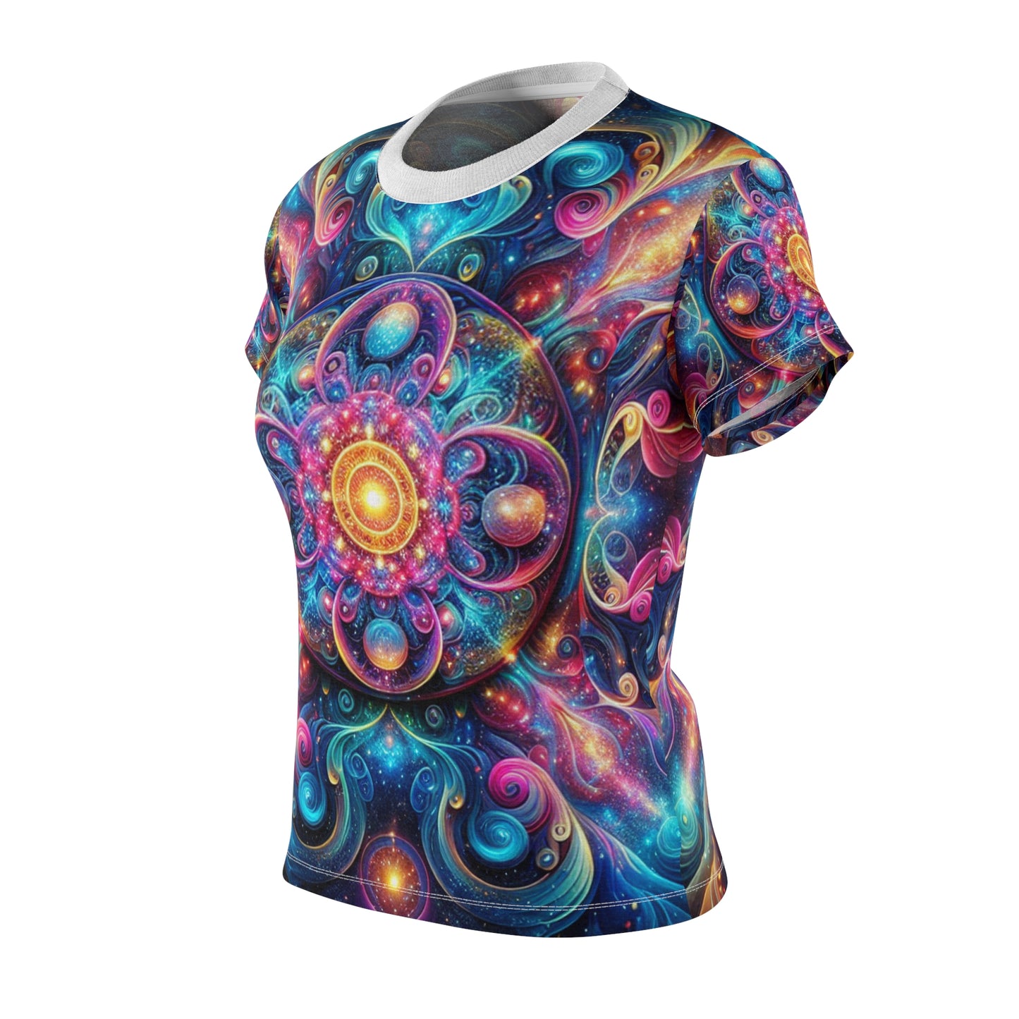 Luminous Cosmic Psychedelic Women's Tee - Dazzling Neon Kaleidoscopic Artwork on Dark Galaxy Background - Women's Trippy Tee