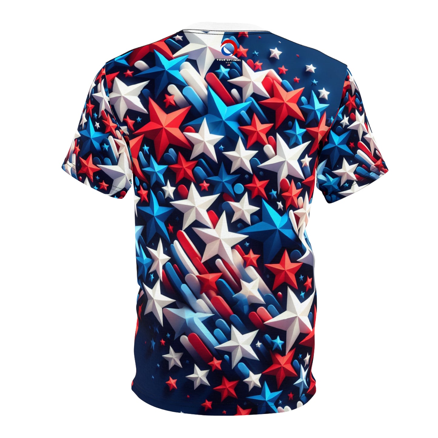 Vibrant 3D Stars Design T-shirt: Red, White & Blue - Patriotic Celebration Tee on Rich Navy Blue - American Streetwear