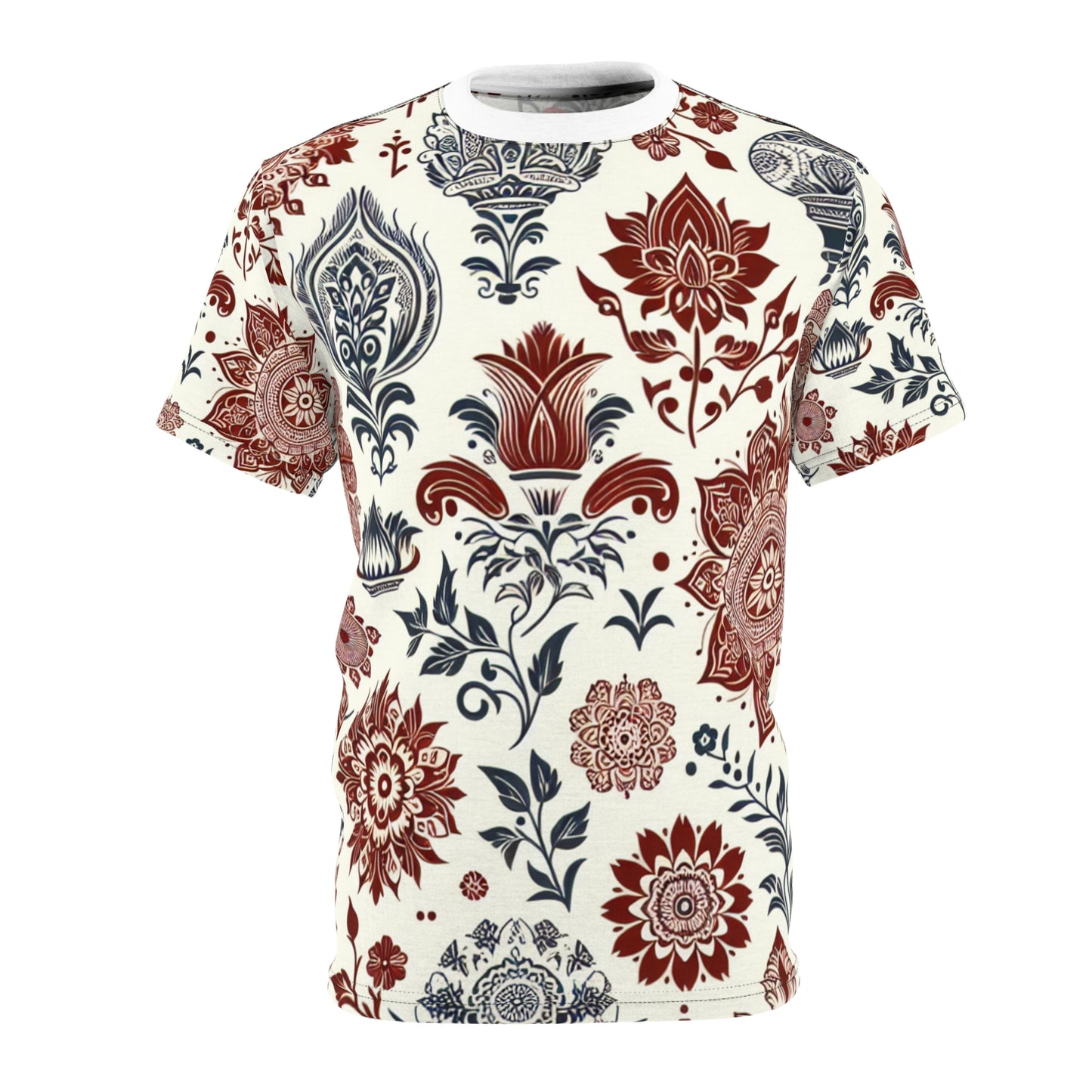 Classic Indian Heritage Seamless Pattern T-Shirt - Intricate Floral and Geometric Motifs in Red and White - Traditional Indian Motifs Tee