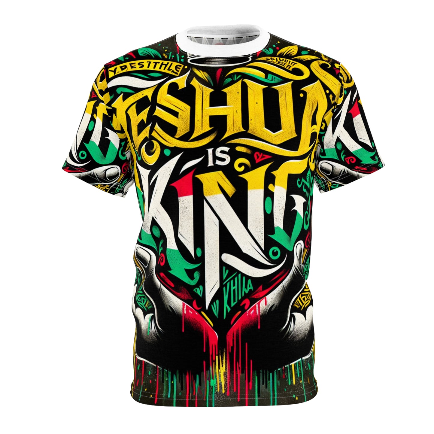 Yeshua is King Graffiti-Style Heart T-Shirt - Rasta Palette Bold Distressed Text, Expressive Faith-Inspired Art - Rastafarian Art-Inspired Tee