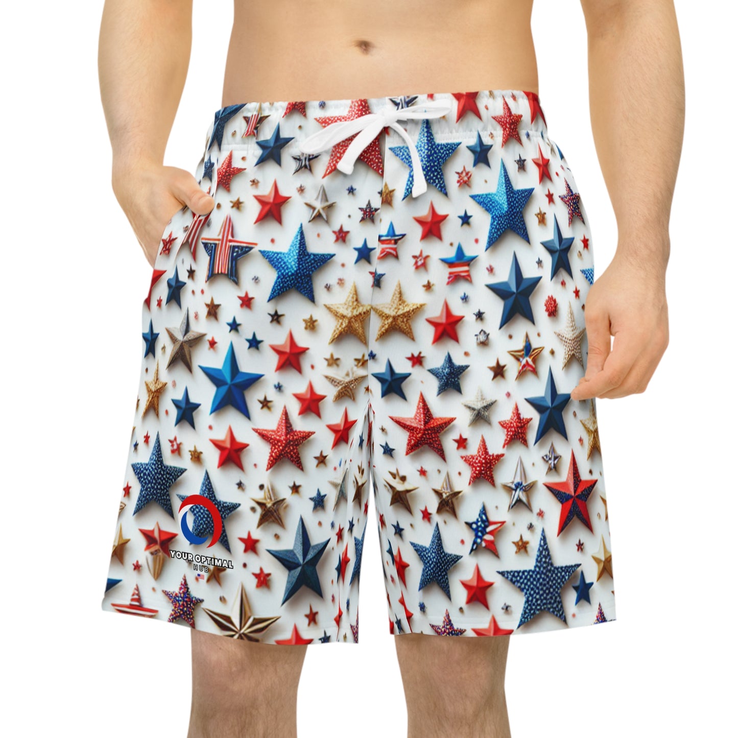 Festive Star-Spangled Shorts: Patriotic Red, Blue & Gold Star Design, Perfect for Independence Day Celebrations - Patriotic Streetwear Shorts