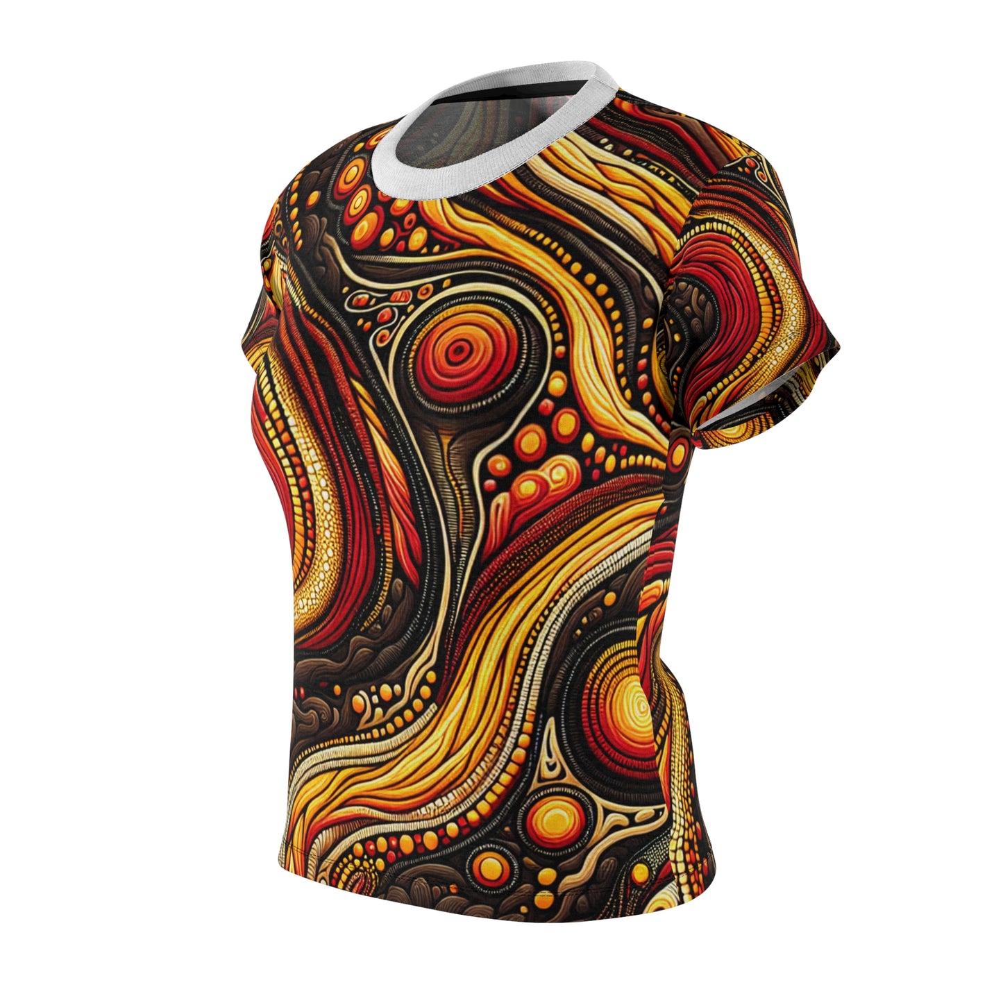 Aboriginal Inspired Volcanic Art T-Shirt, Women's Fiery Landscape, Indigenous Storytelling in Lava Motif - African Tribal Pattern-Inspired