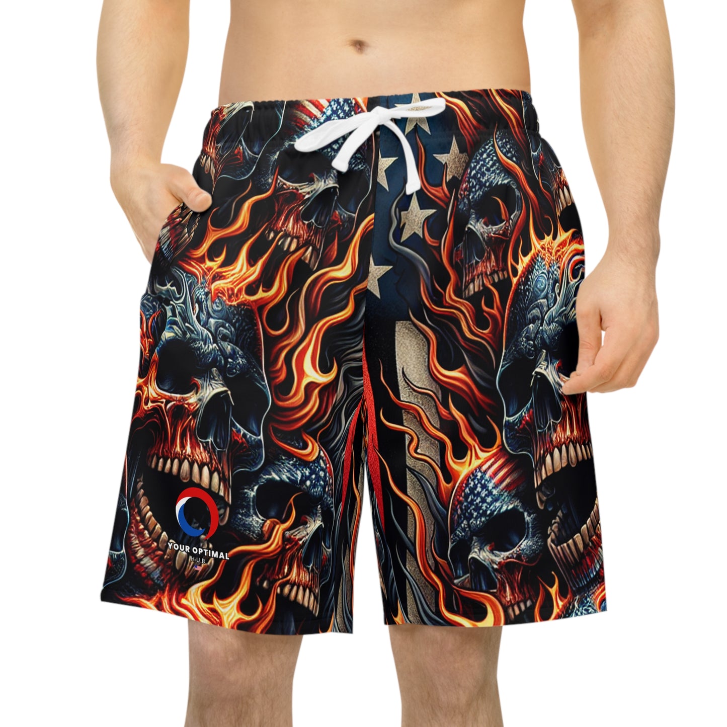 Inferno Patriot: Fiery Skulls & Stars-Stripes Tattoo Shorts - Patriotic Streetwear Shorts