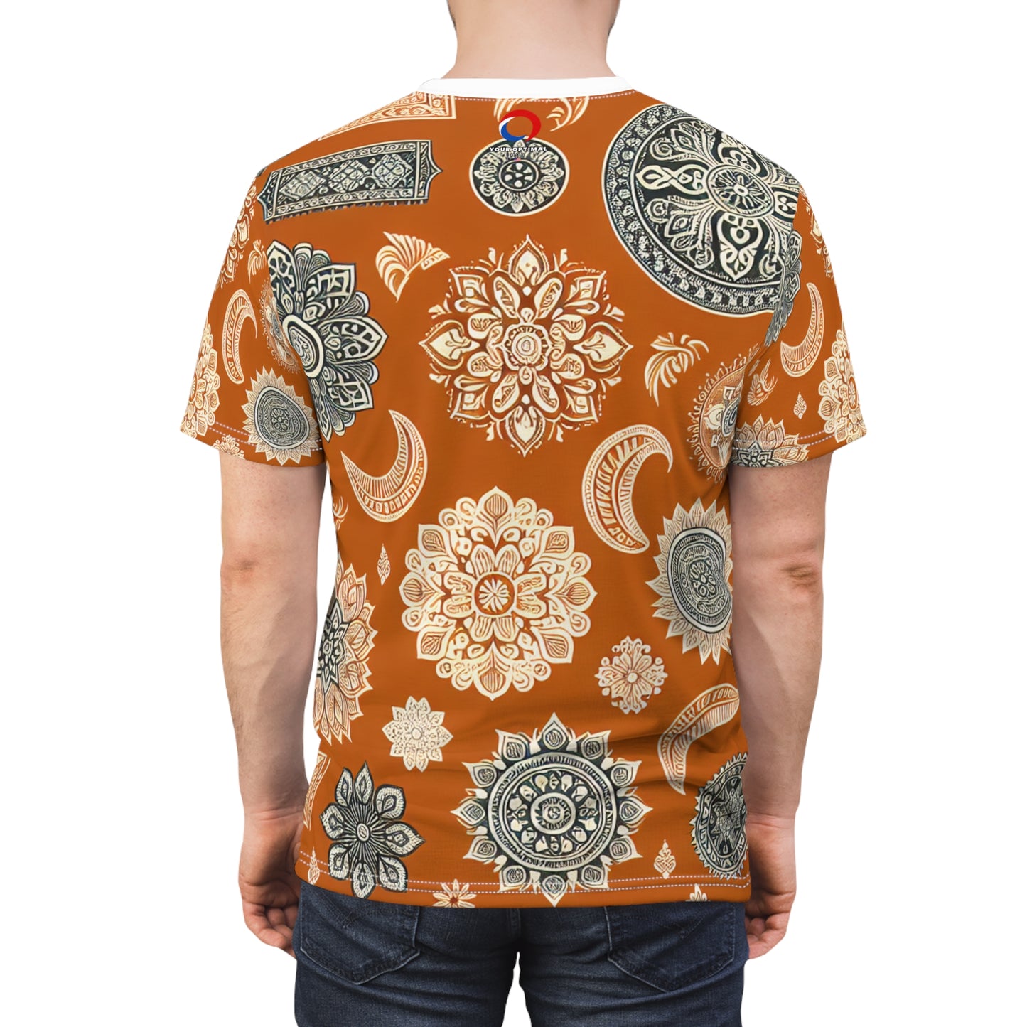 Orange Indian Motif T-Shirt – White Floral & Geometric Pattern, Minimal Ethnic Wallpaper Tee, Traditional India Design Apparel