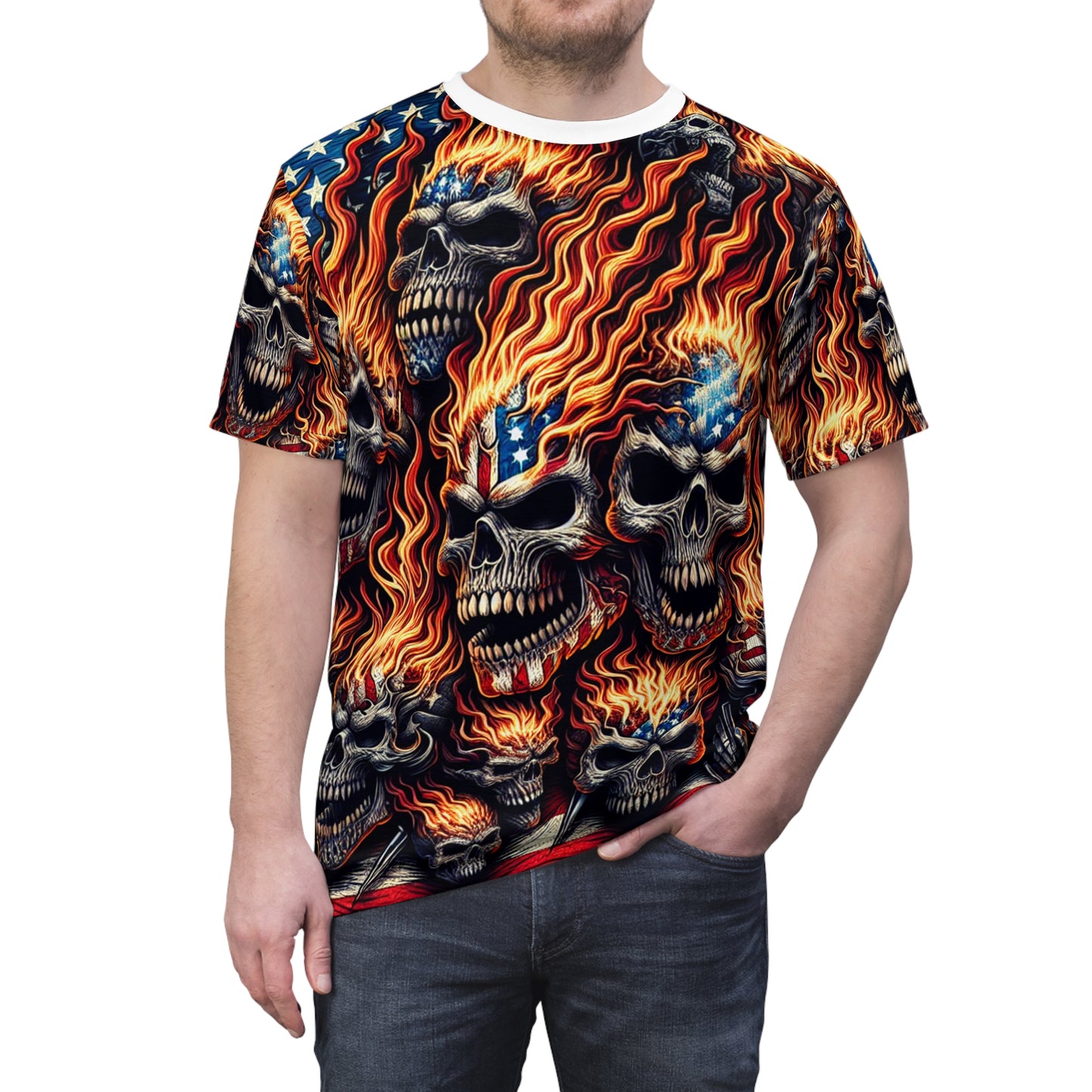 Patriotic Inferno: Scarlet Skull Cascade T-Shirt - Patriotic Streetwear Tee