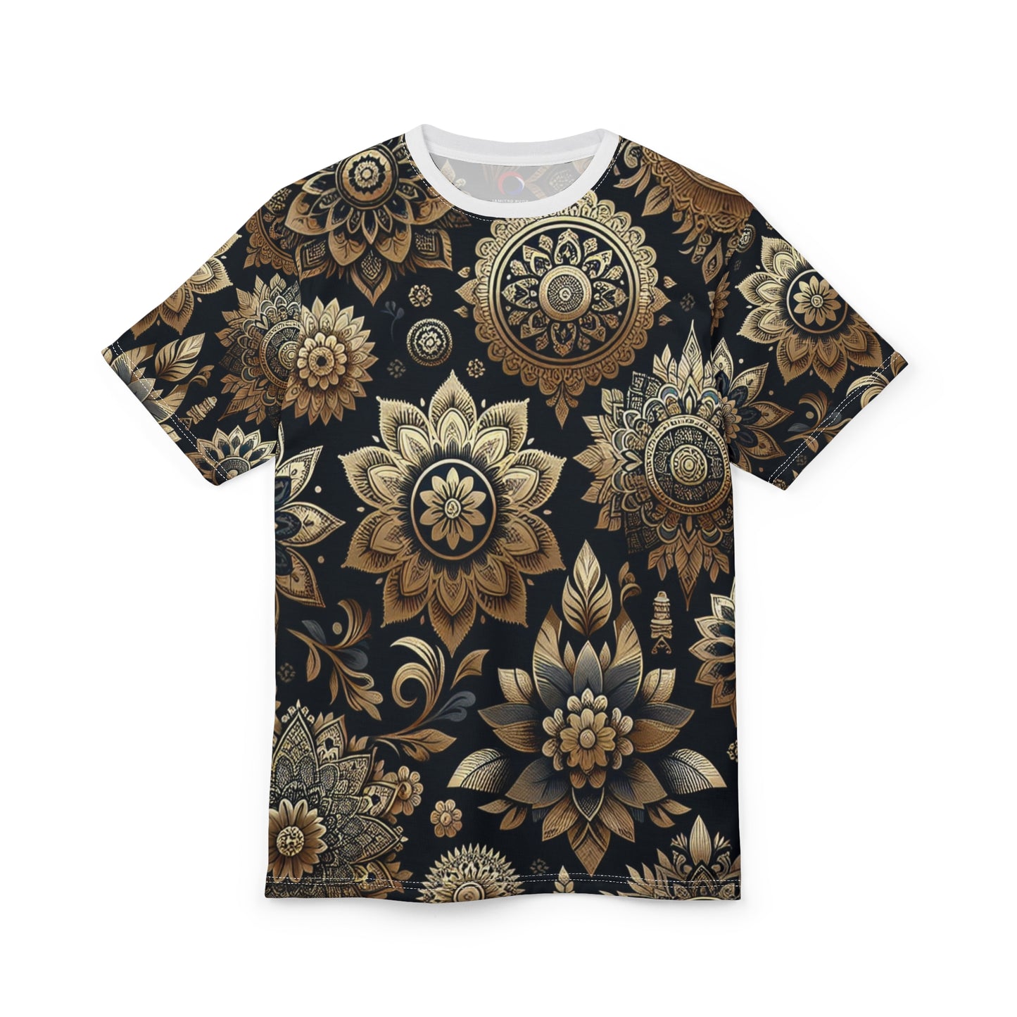 Gold on Black Indian Pattern Tee – Reflective Floral & Geometric Motif Design Shirt