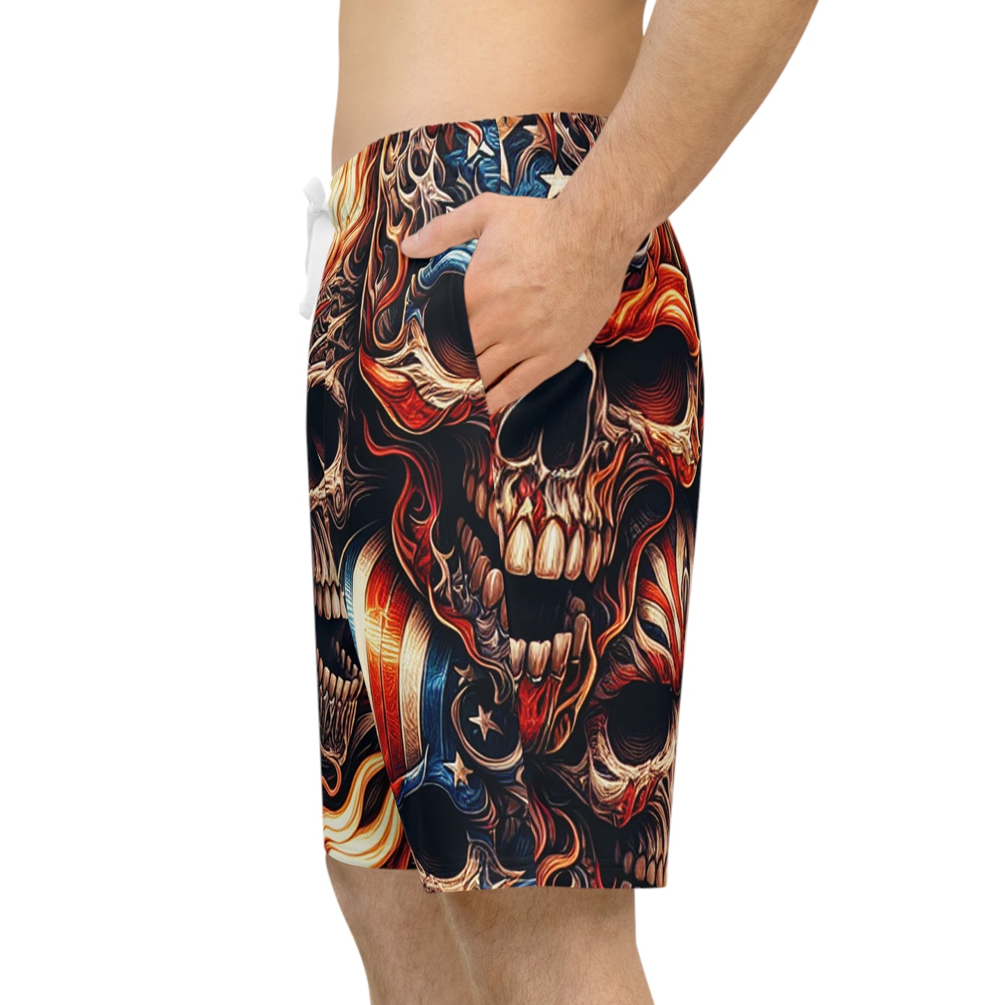 Blazing Patriot Inferno: Skull-Fire Tattoo Hybrid Shorts - Patriotic Streetwear Shorts