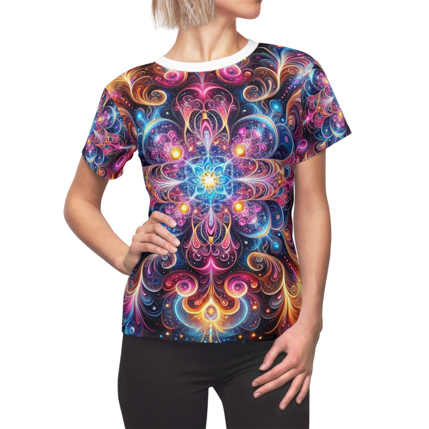 Radiant Cosmic Mandala Tee: Vibrant Psychedelic Art, Neon Kaleidoscope Women's T-Shirt - Women's Trippy Tee