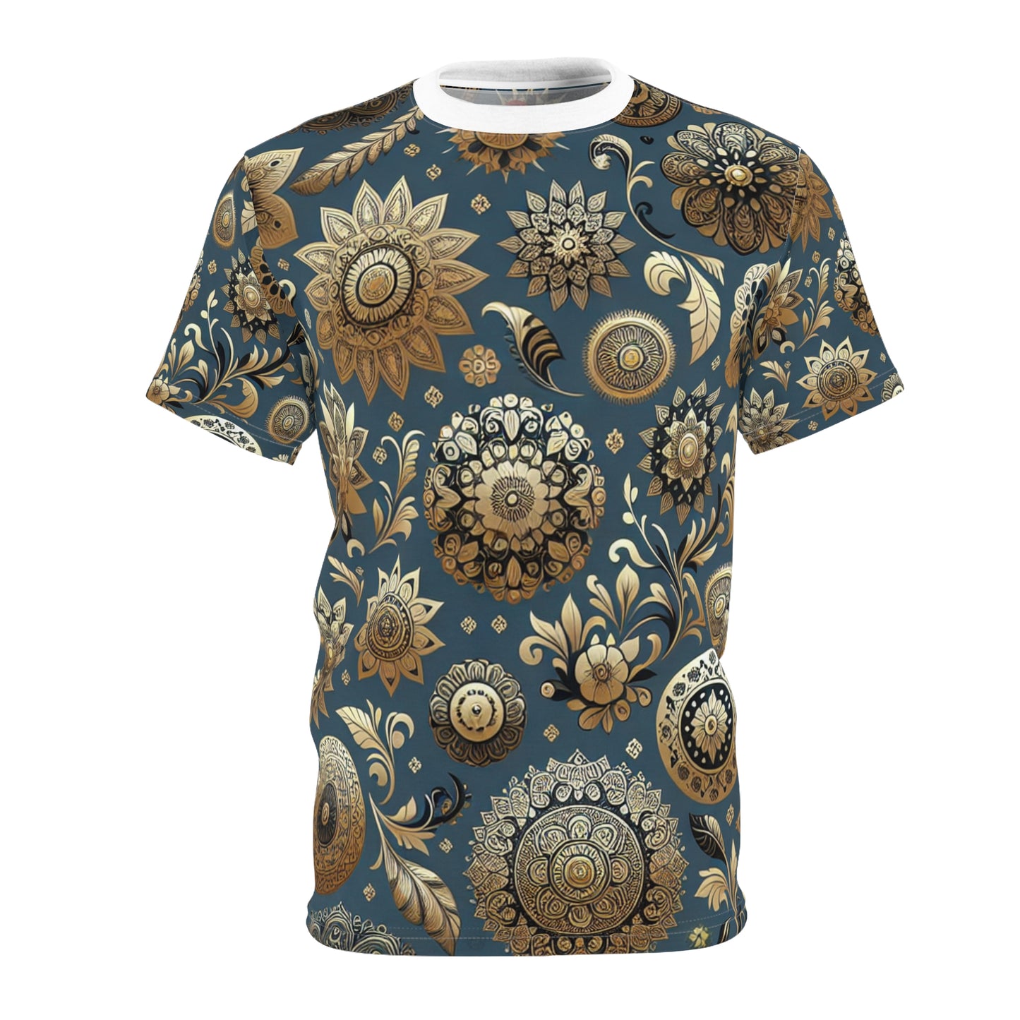 Exquisite Gold-and-Blue Indian Heritage Motif Pattern T-Shirt - Seamless Traditional Design - Rich Floral & Geometric Elements - Modern Minimal Aesthetic - Traditional Indian Motifs Tee