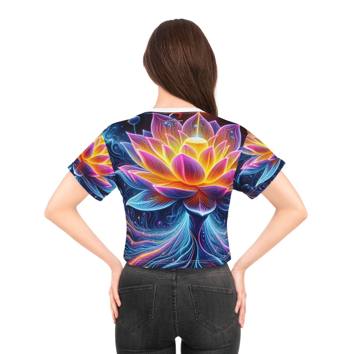 UV-Reacting Bioluminescent Alien Lotus Crop Tee, Radiant Neon Women's Top, Cosmic & Ethereal - Women's Blacklight Tee