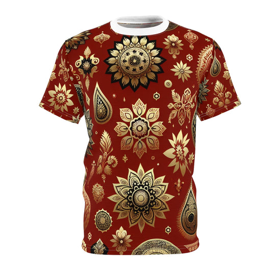 Traditional Indian Motif Collection T-Shirt - Seamless Print with Intricate Floral and Geometric Shapes Subtly Scattered on Vibrant Red