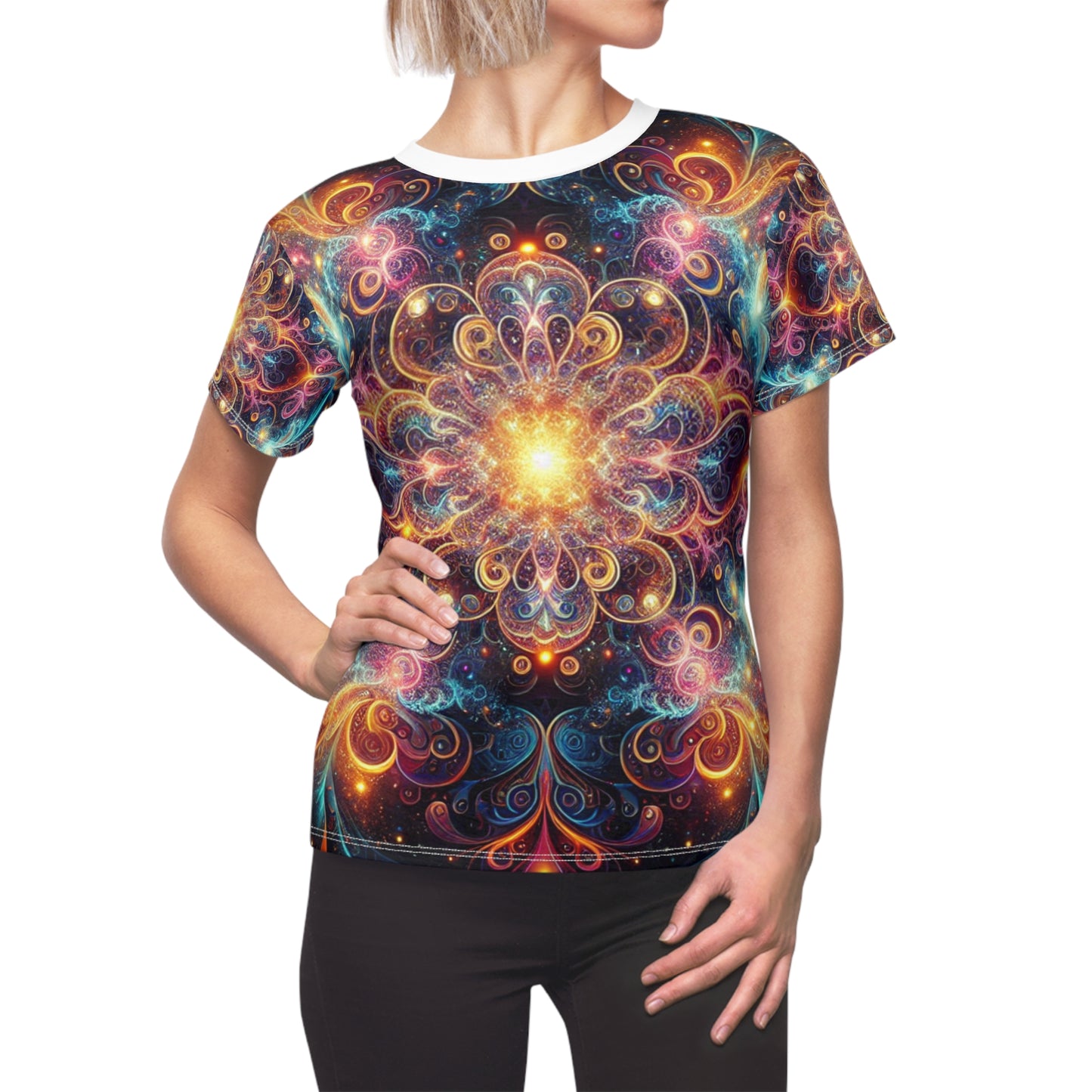 Psychedelic Cosmic Mandala Women's Tee - Neon Swirl Artwork on Dark Galaxy Background - Women's Trippy Tee