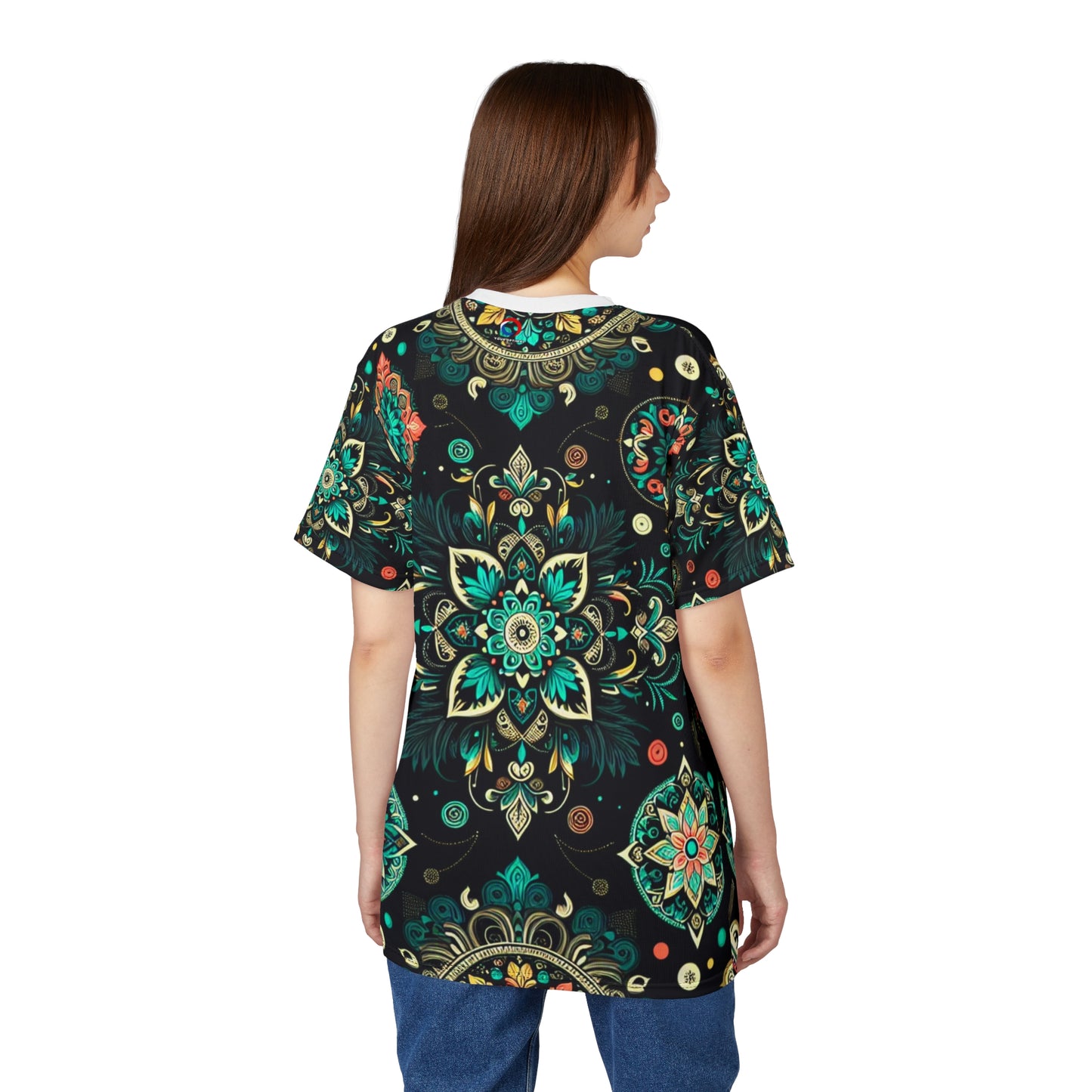 Neon UV Indian Motif Tee – Bioluminescent Floral & Geometric Glow Pattern on Black Shirt