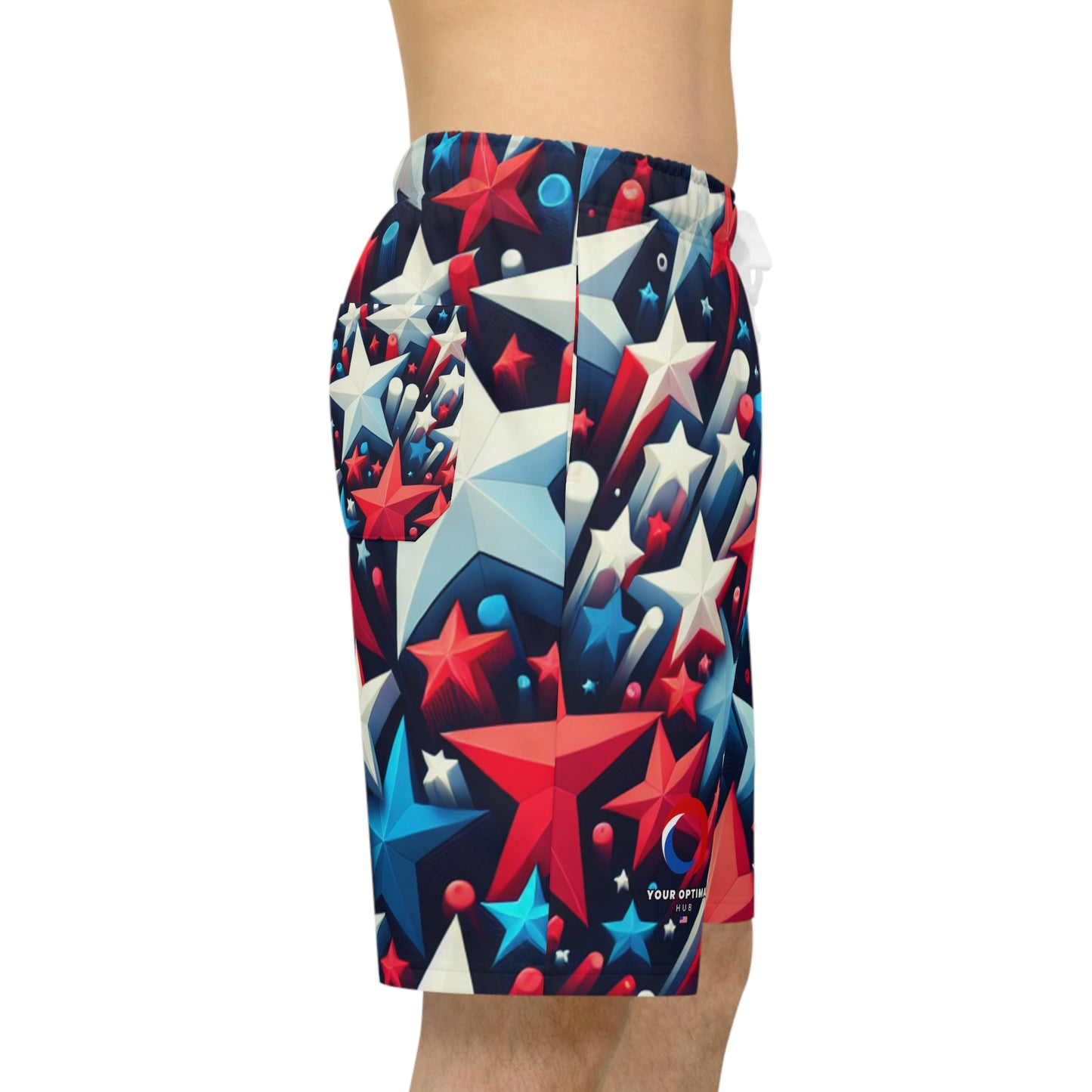 3D Patriotic Star Blast Shorts - Vibrant Red, White & Blue Star Scattering on Deep Blue Background - Patriotic Streetwear Shorts