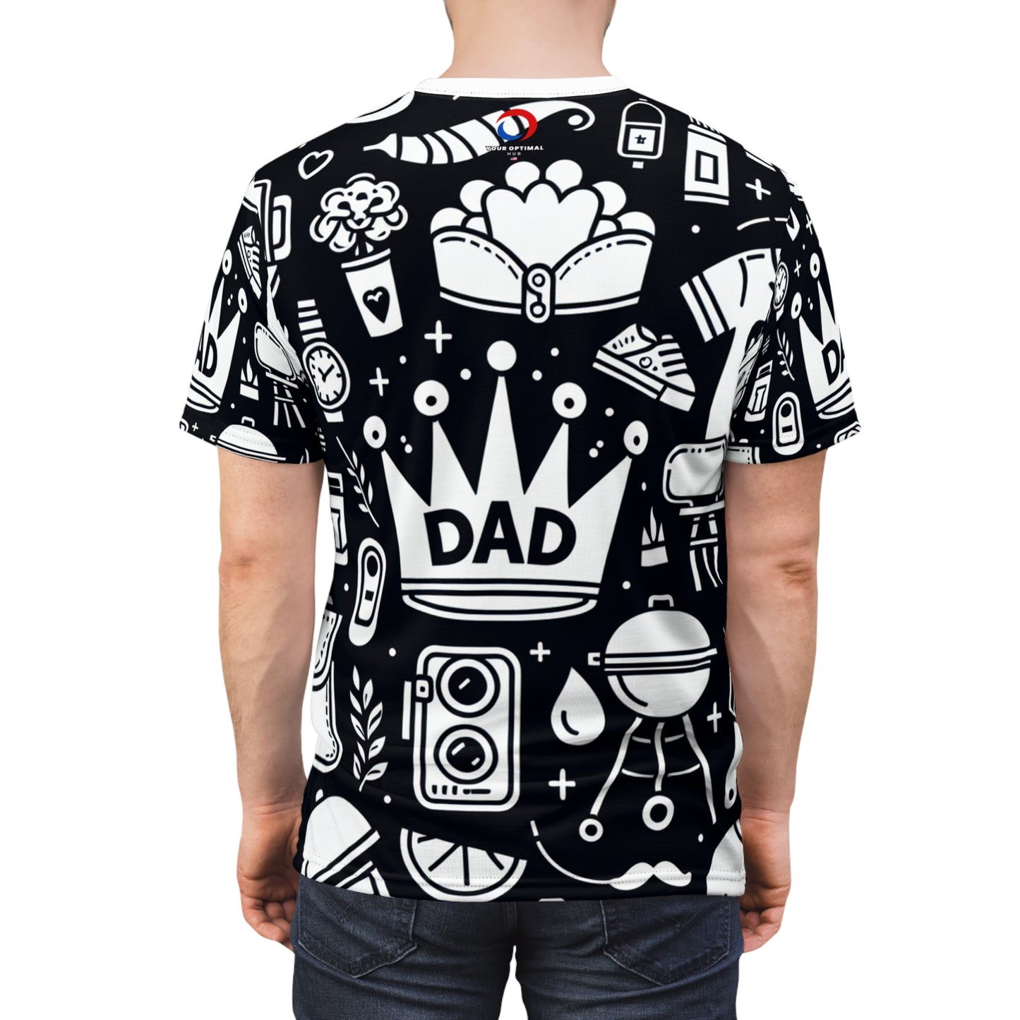 King of the Family Dad T-Shirt - Monochrome Line Art with Crown, Camera, BBQ Grill-master - Father's Day Minimalist Tee