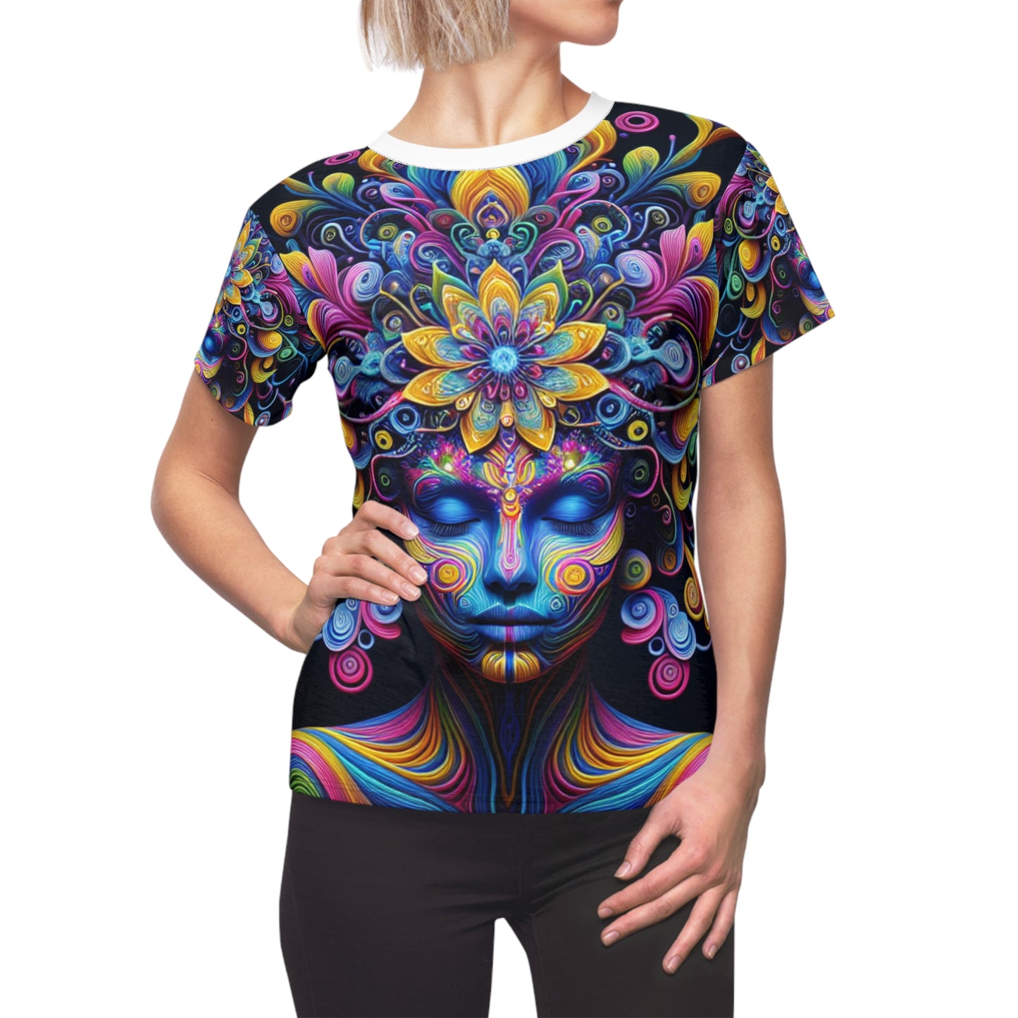 Women's Psychedelic Meditation T-shirt - Vibrant Human Portrait, Abstract Energy Crown, Neon Bloom - Women's Trippy Tee