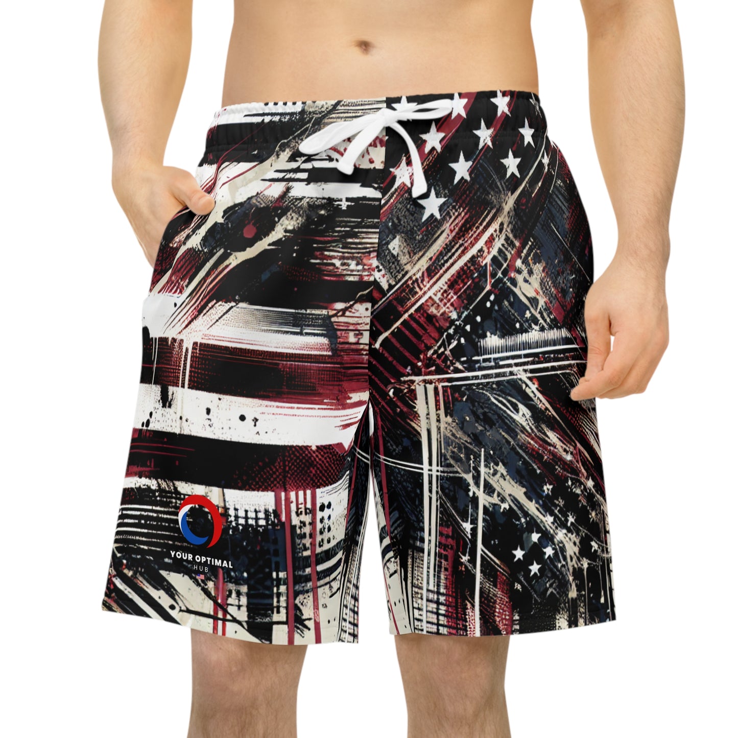 Grunge-style Patriotic Streetwear Shorts: Distressed American Flag with Urban Graffiti Elements