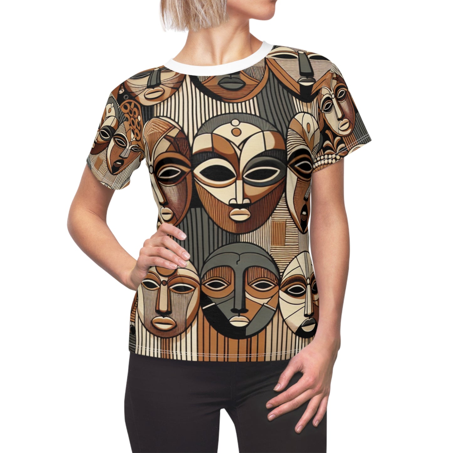 African Legacy: Elegant Women's Tee featuring a Modern Interpretation of Traditional African Masks - African Tribal Pattern-Inspired