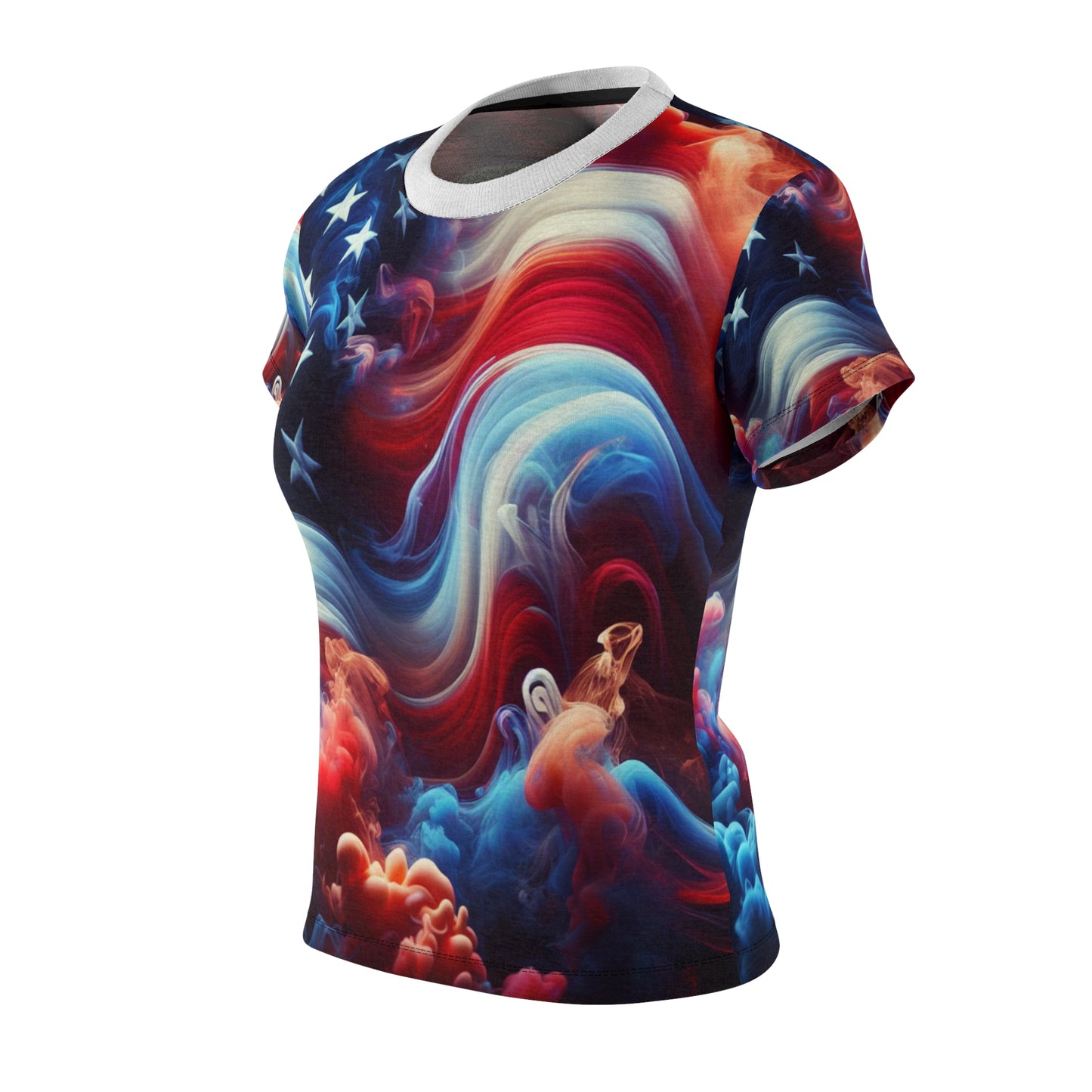 Mystical American Flag Women's T-Shirt: Surreal Stars & Stripes with Flowing Color Smoke - Patriotic Streetwear Tee