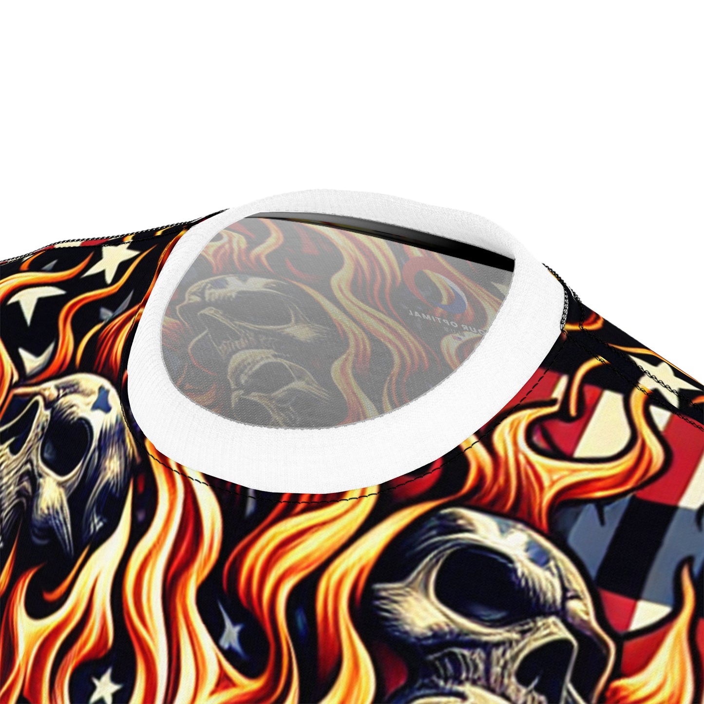 Fiery Patriotic Inferno: Skull-Drenched Tattoo-Style T-Shirt - Dynamic Design Tee