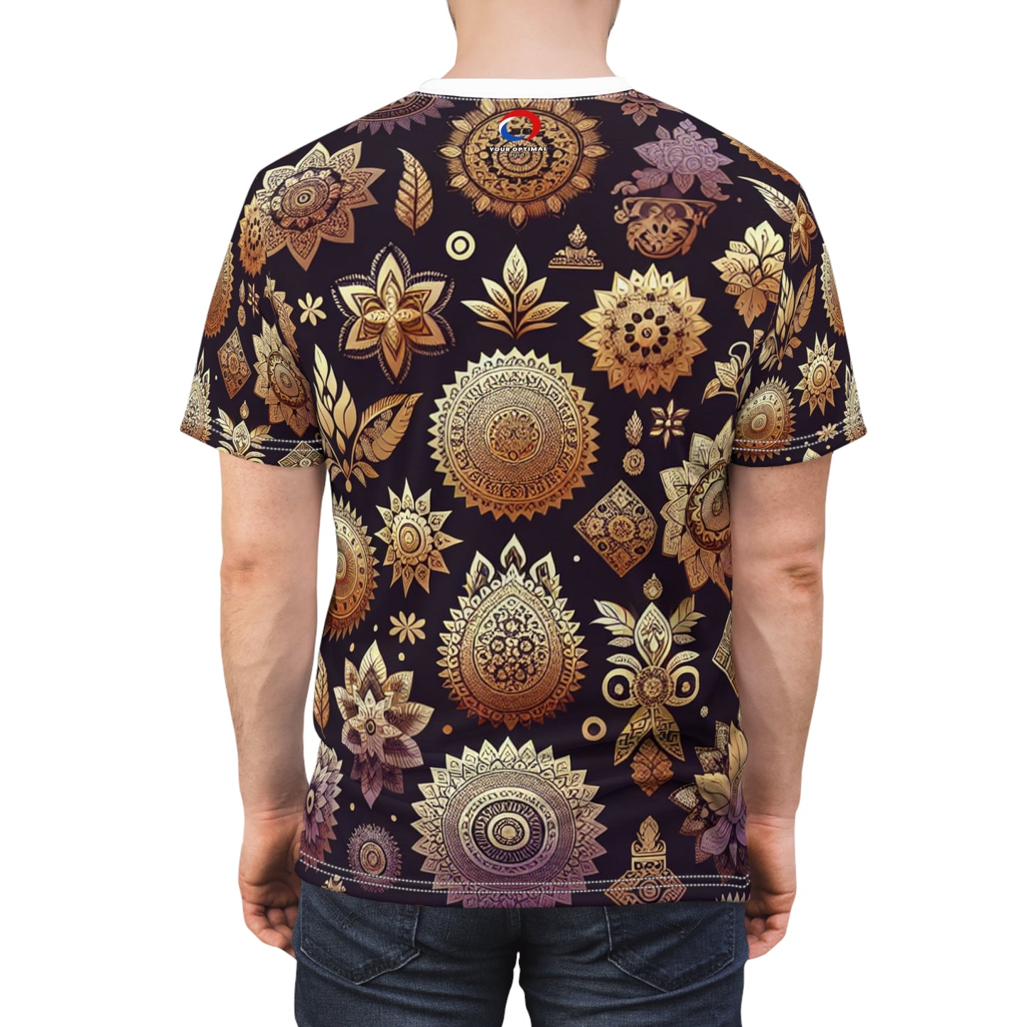 Golden Mirage: Traditional Indian Motif T-shirt in Intricately Designed Floral & Geometric Shapes on Vibrant Purple, Embodying Rich Indian Heritage