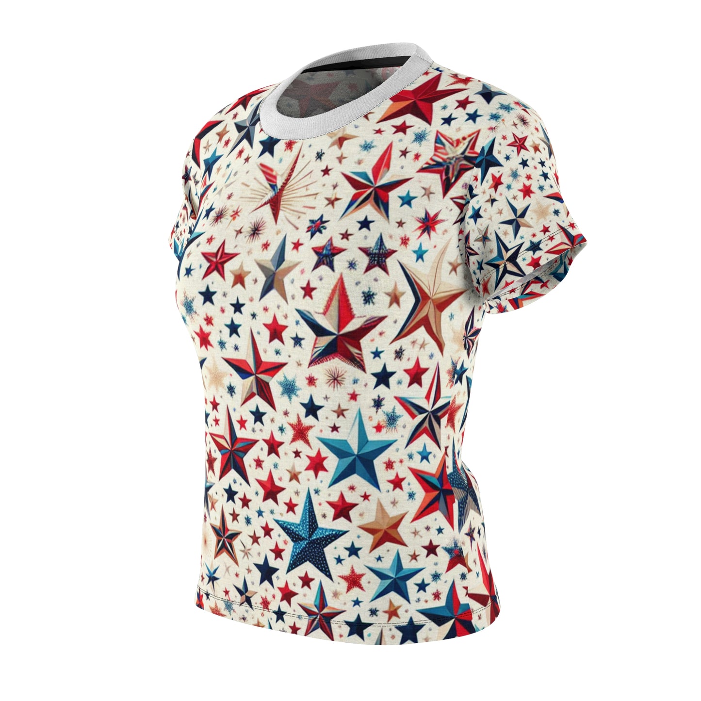 Women's Joyful Patriotic Star-Scattered T-Shirt - Vibrant Red, Blue & Gold for Festive Celebrations - Patriotic Streetwear Tee