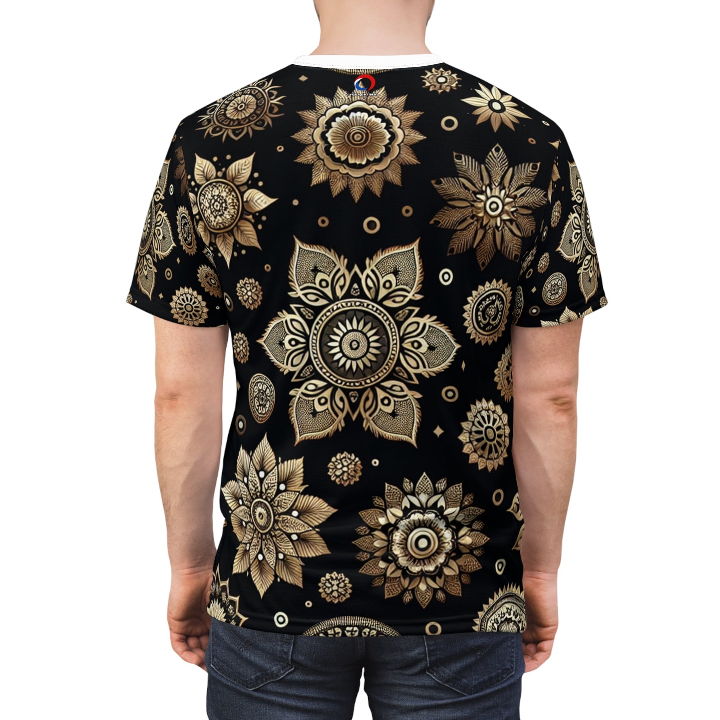 Luxurious Golden Indian Motif Tee - Scattered Traditional Designs on Black - Rich Heritage Elements - Floral & Geometric Styles