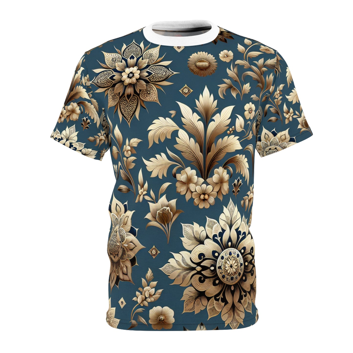 Floral & Geometric Indian Motif Collection: Luxurious Gold on Royal Blue T-Shirt with Seamless Pattern Design - Traditional Indian Motifs Tee