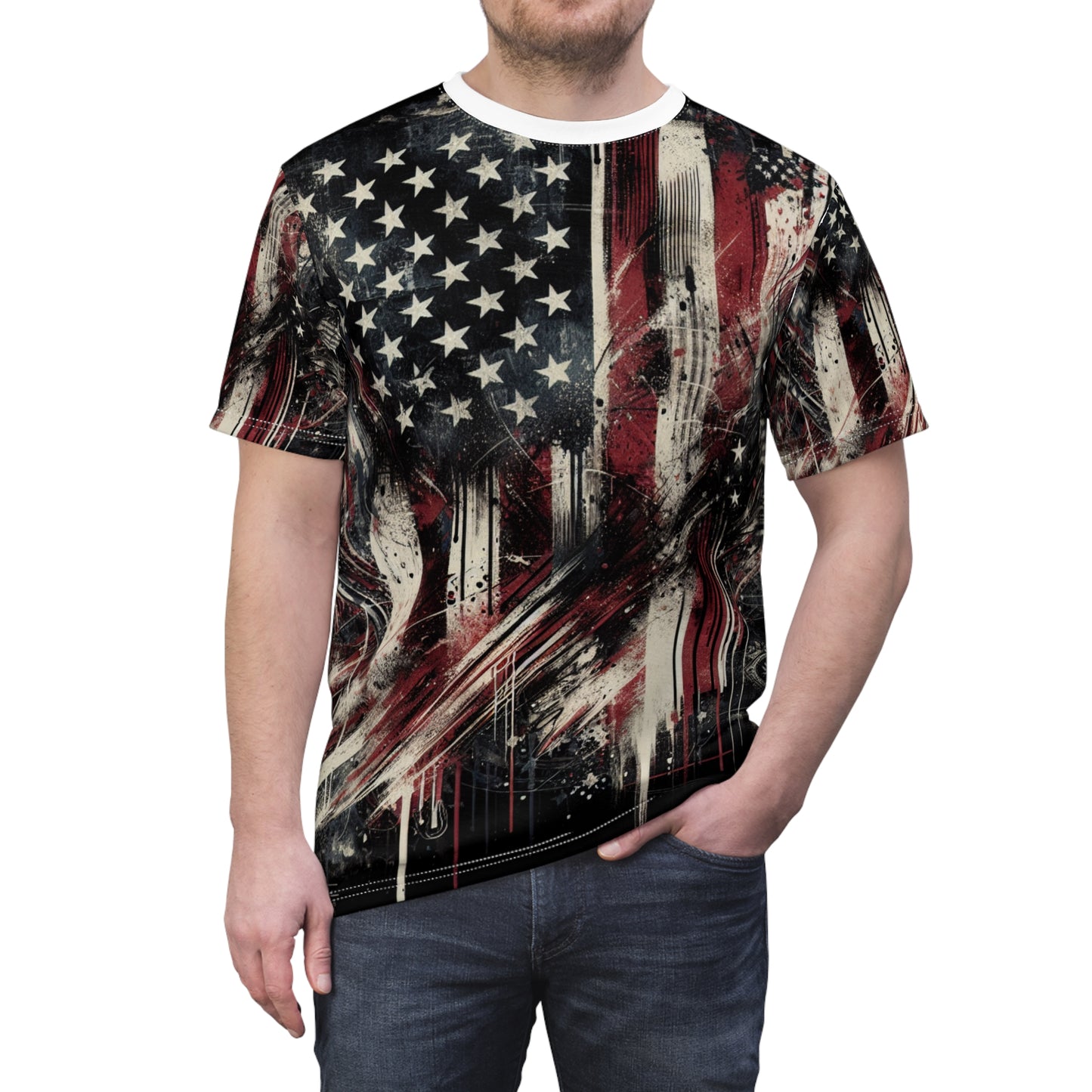 Edgy Grunge Streetwear Tee with Distressed American Flag - Bold Patriotism & Resilience Urban Art Design T-Shirt - Patriotic Streetwear