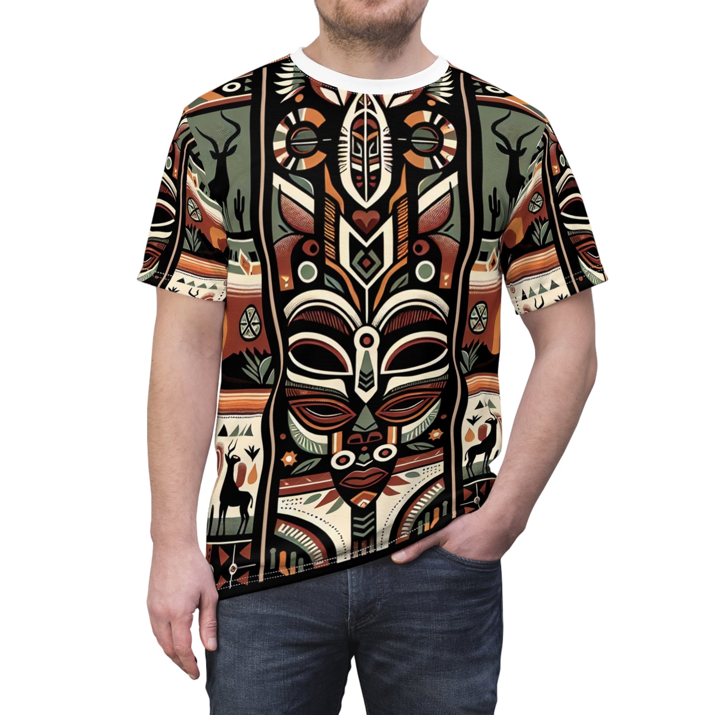 African-Mystique Meets Southwest Skyline: Tribal Totem Symmetric Art T-Shirt - African Tribal Pattern-Inspired Tee