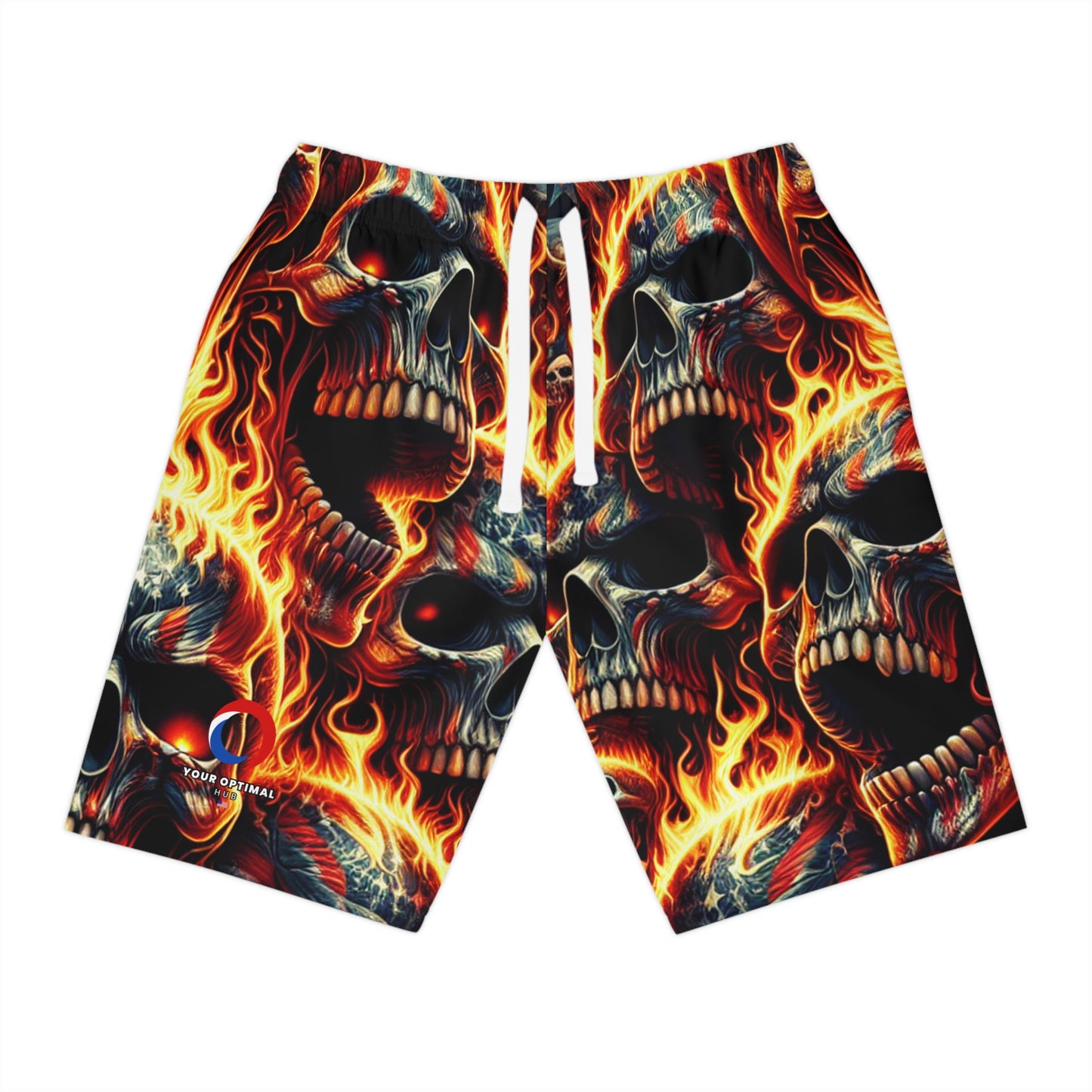 Infernal Patriot: Fiery Skulls & Stars Stripes Tattoo-Style Shorts - Patriotic Streetwear Shorts