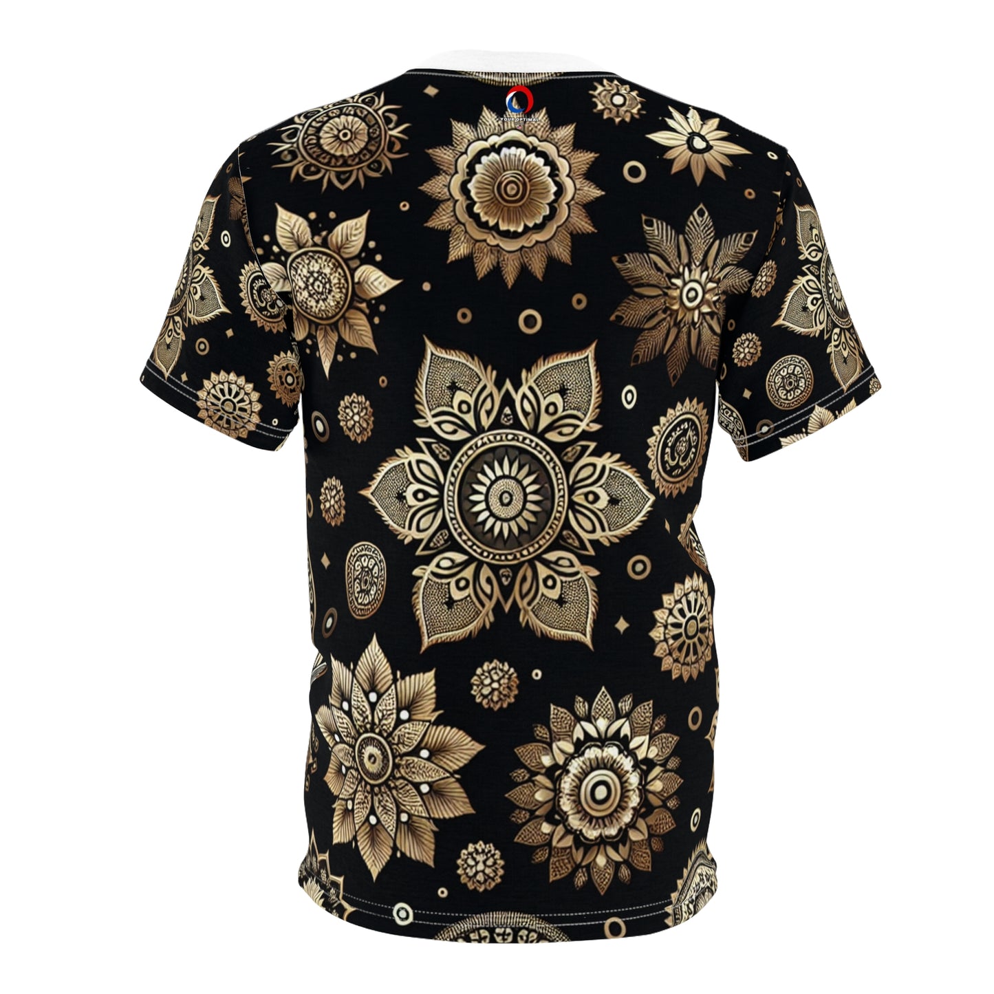 Luxurious Golden Indian Motif Tee - Scattered Traditional Designs on Black - Rich Heritage Elements - Floral & Geometric Styles