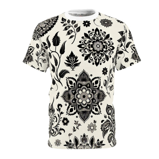 Classic Indian Motifs Designer Tee - Black on White Intricate Floral Geometric Pattern - Inspired by Traditional Indian Heritage with Modern Minimal Aesthetic