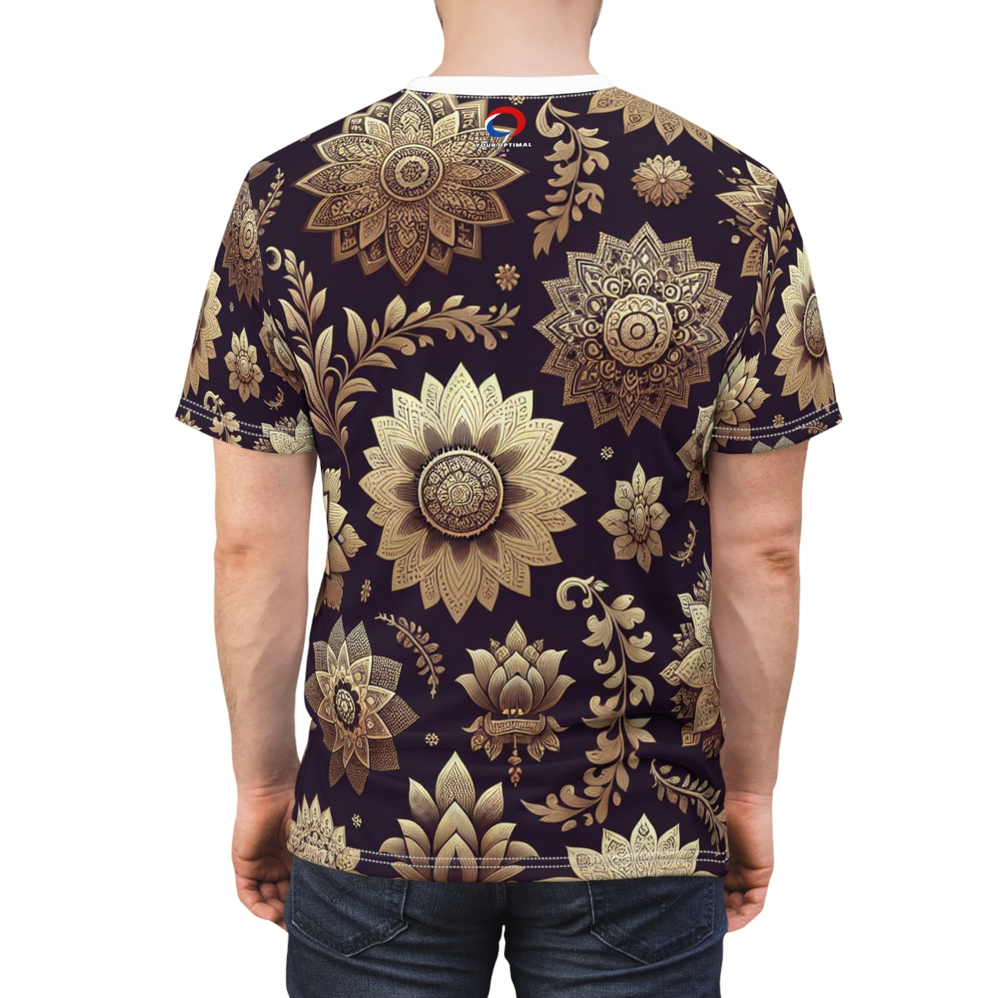 Indian Heritage-Inspired Gold Motifs on Purple Background: Modern, Seamless Pattern T-Shirt with Floral & Geometric Designs