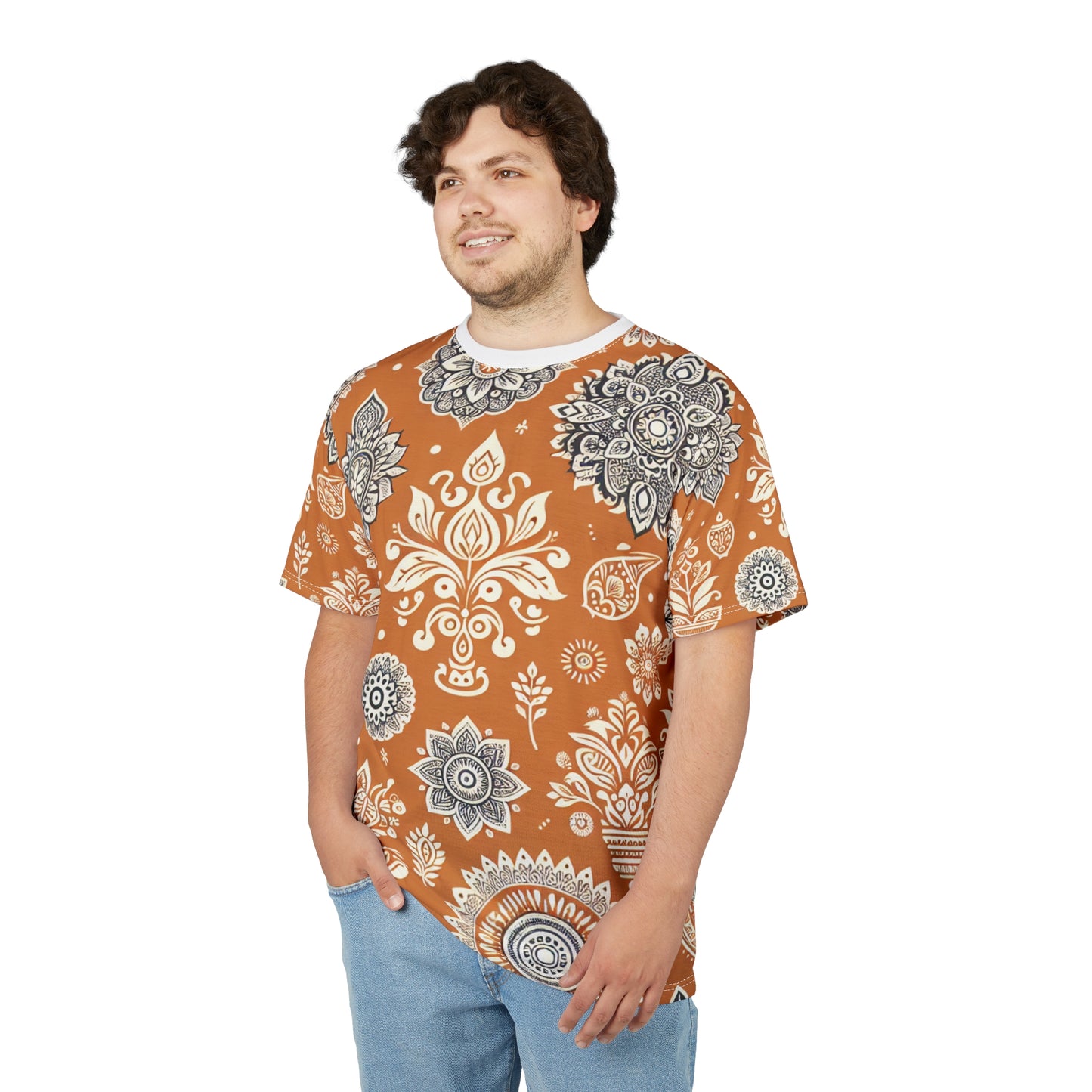 Traditional Indian Motif Print T-Shirt - Luxury Floral & Geometric Seamless Pattern - White on Orange - Modern Ethnic Décor Design Style