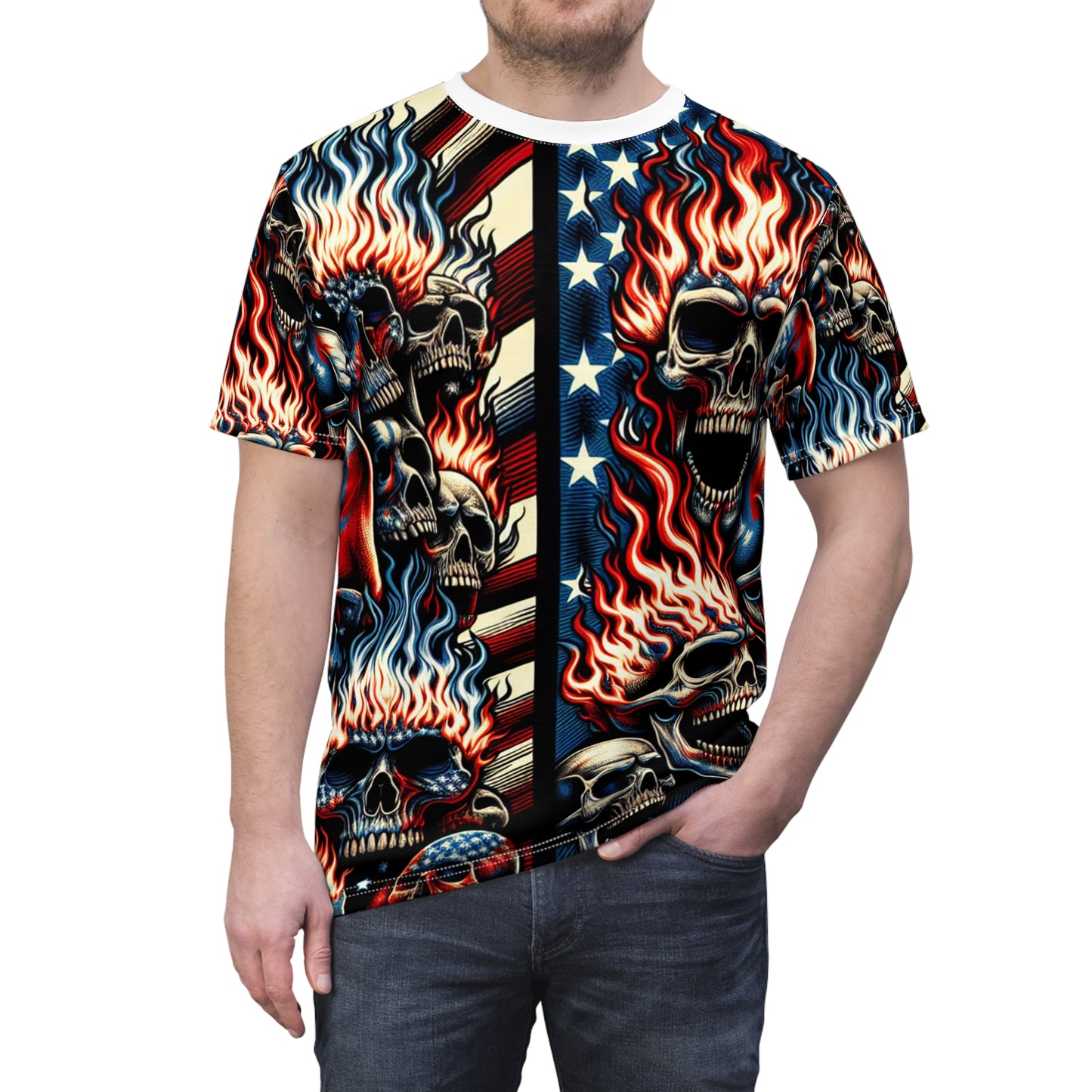 Fiery Patriotic Skulls: Intense & Menacing Tattoo-Style T-Shirt - Patriotic Streetwear Tee