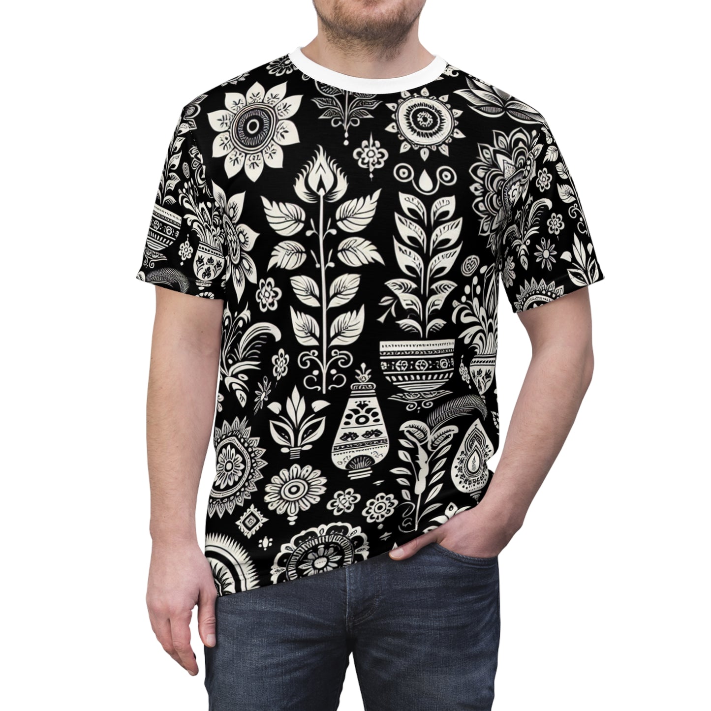 Black and White Indian Heritage Motif Pattern T-Shirt - Seamless, Detailed Floral & Geometric Designs, Modern Aesthetic – Evoke Traditional Indian Culture