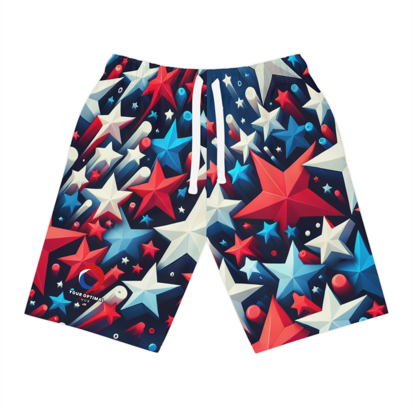 3D Patriotic Star Blast Shorts - Vibrant Red, White & Blue Star Scattering on Deep Blue Background - Patriotic Streetwear Shorts