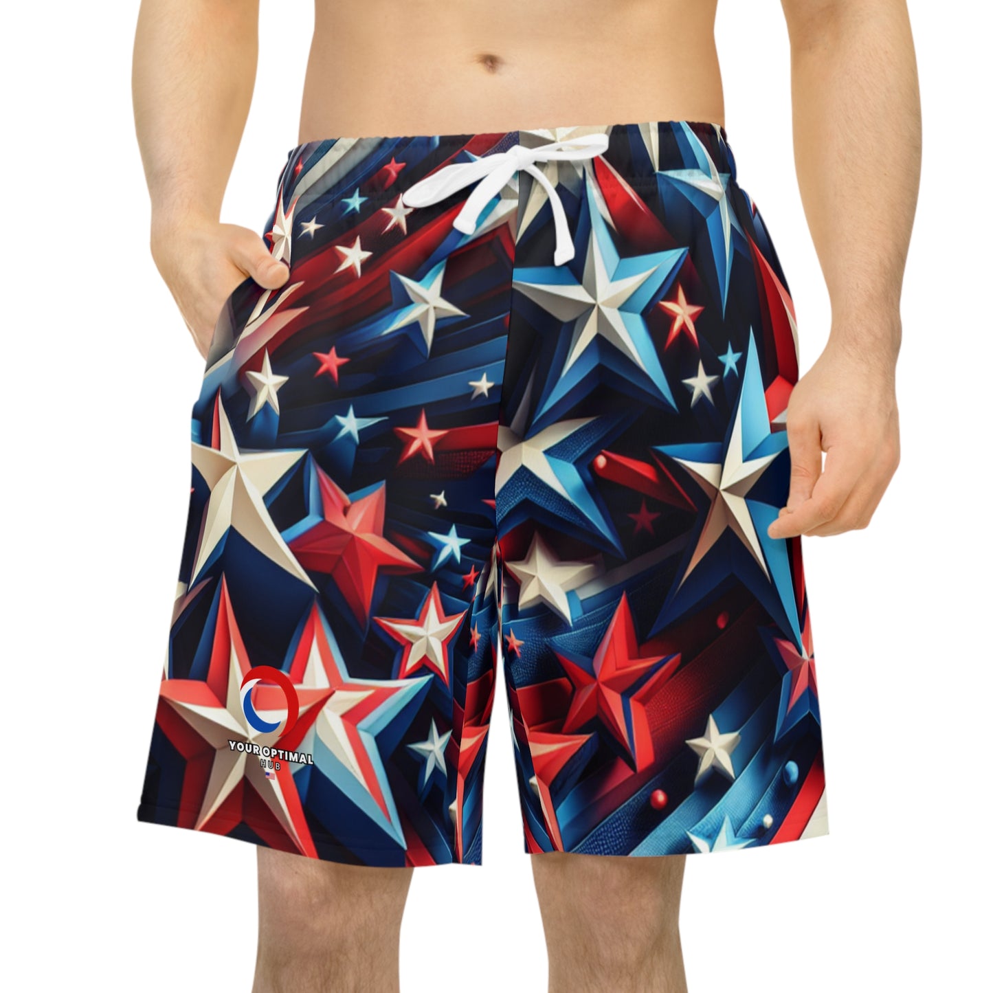 Patriotic 3D Star Constellation Shorts – Vibrant Red, White, and Blue, Varied Sizes, Festive Design - American Streetwear Shorts