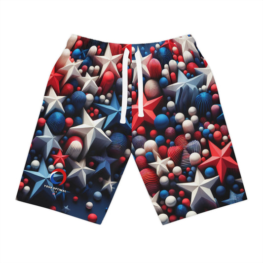 Stellar Splash: 3D Red, White & Blue Starry Patriotic Shorts on Midnight Hue - Patriotic Streetwear Shorts