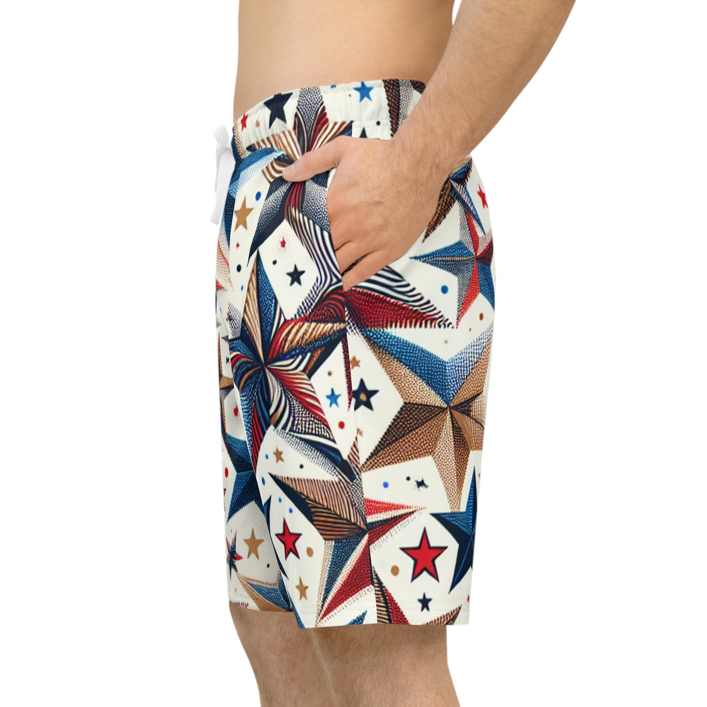 Patriotic Festive Star Pattern Shorts - Independence Day Joyful, Red Blue & Gold, For Celebrations - Patriotic Streetwear Shorts