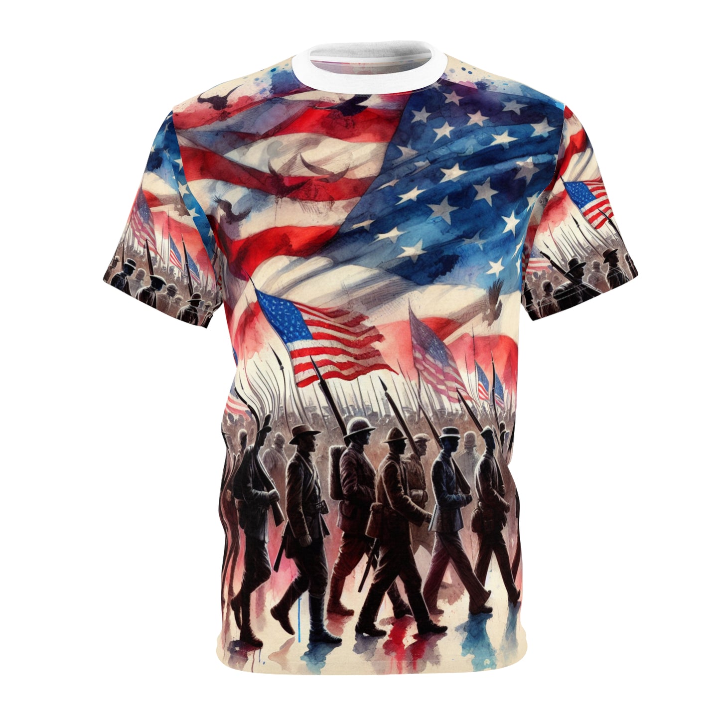 United We Stand: American Unity & Valor - Historical Soldier Silhouettes Watercolor Patriotic T-Shirt - Patriotic Streetwear Tee